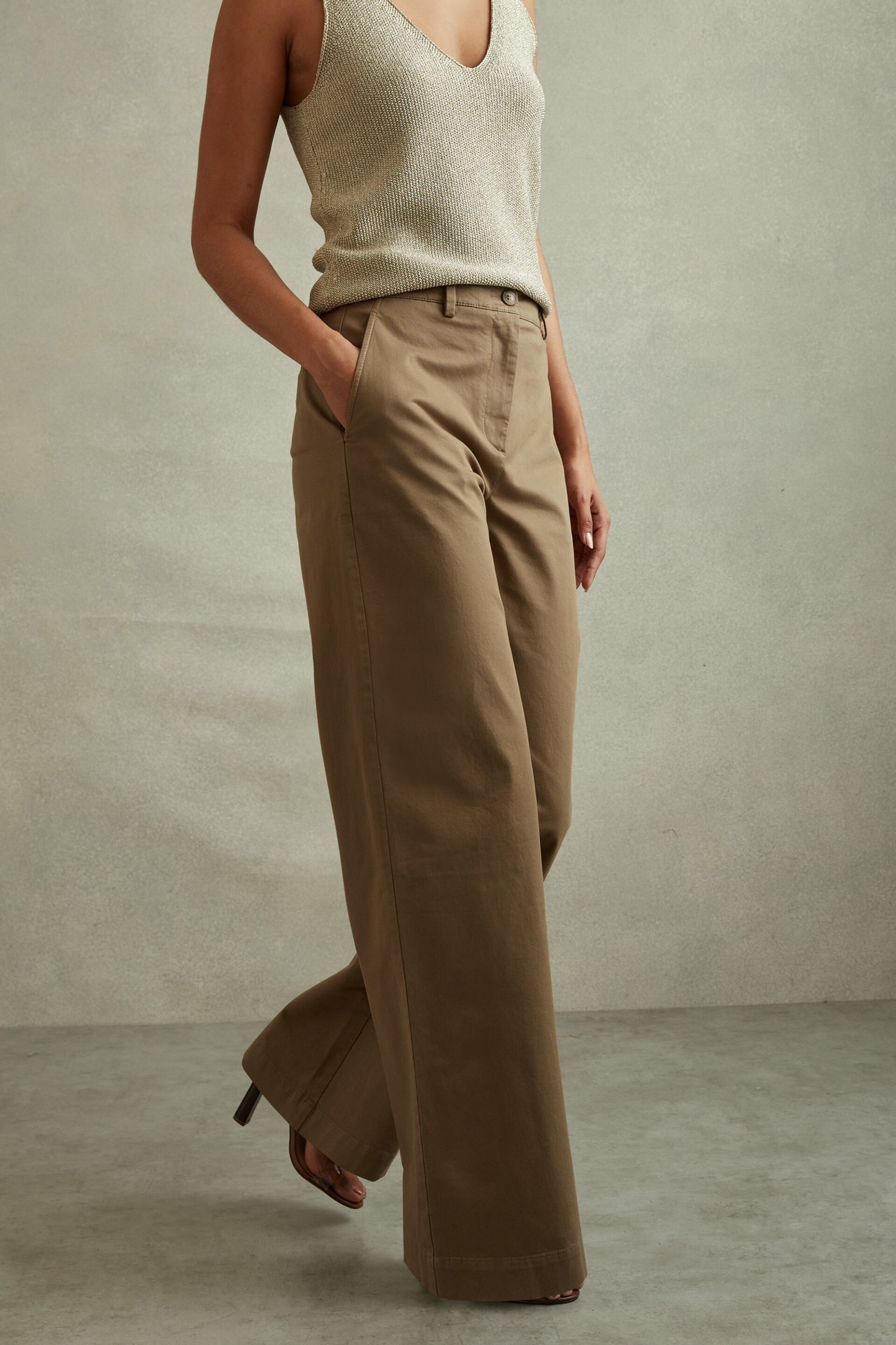 Reiss Dark Camel Eva Cotton Blend Wide Leg Trousers - Image 1 of 6