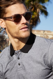 Threadbare Grey Cotton Polo Shirt With Herringbone Detail Collar - Image 4 of 4