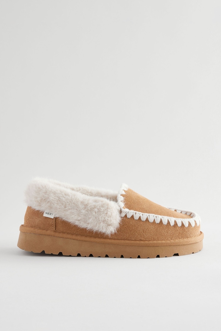 Tan Brown Suede Stitch Moccasin Slippers - Image 2 of 5