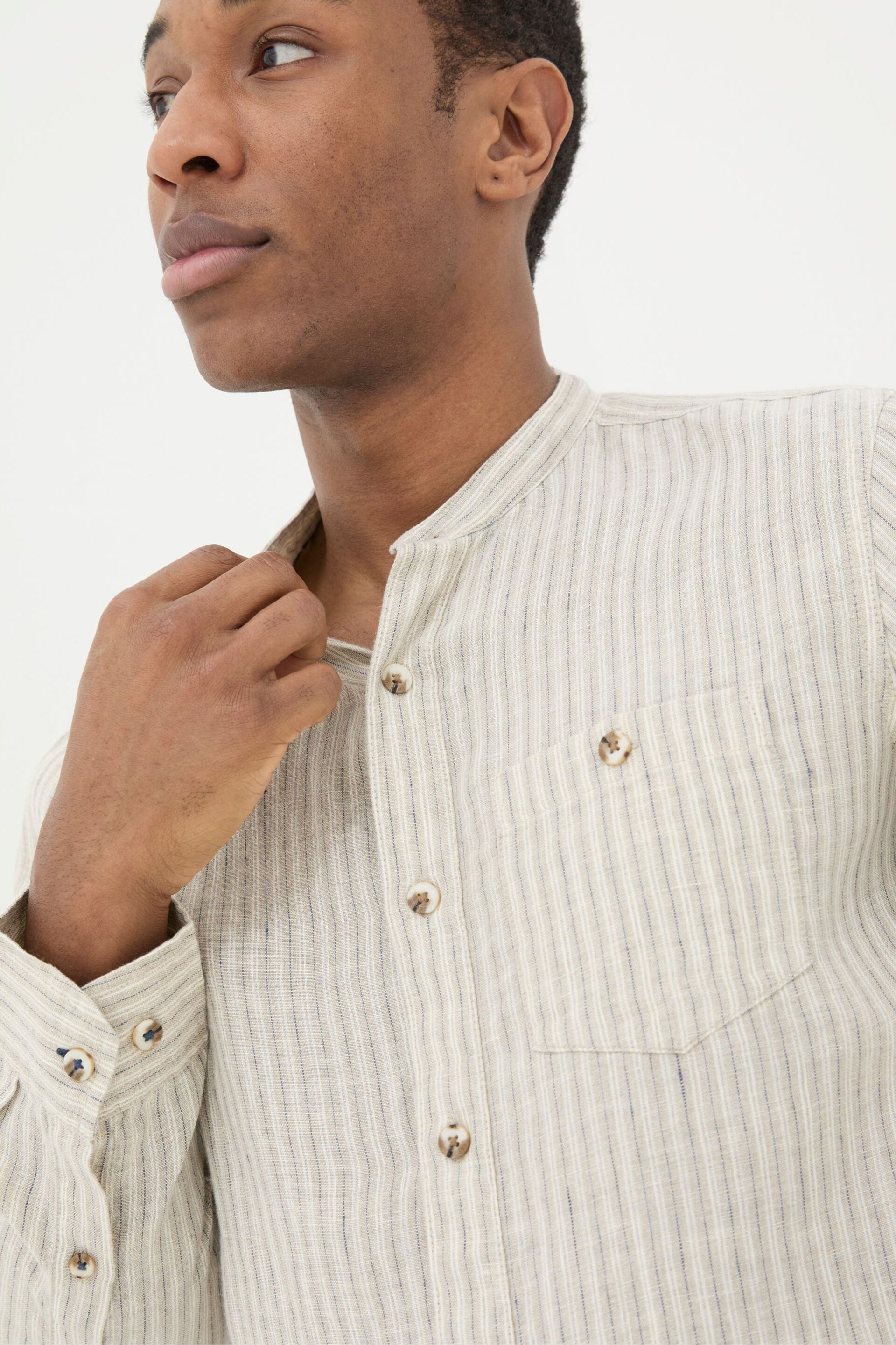 FatFace Natural Grandad Stripe Linen Shirt - Image 4 of 4