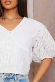 Chi Chi London Blue V-Neck Puff Sleeve Broderie Anglaise Top - Image 2 of 3