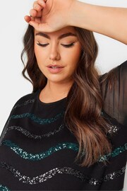 Yours Curve Black & Blue Sequin Embellished Mesh Sleeve Top - Image 4 of 5