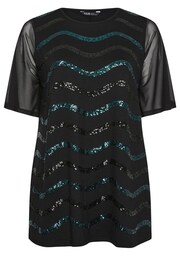 Yours Curve Black & Blue Sequin Embellished Mesh Sleeve Top - Image 5 of 5