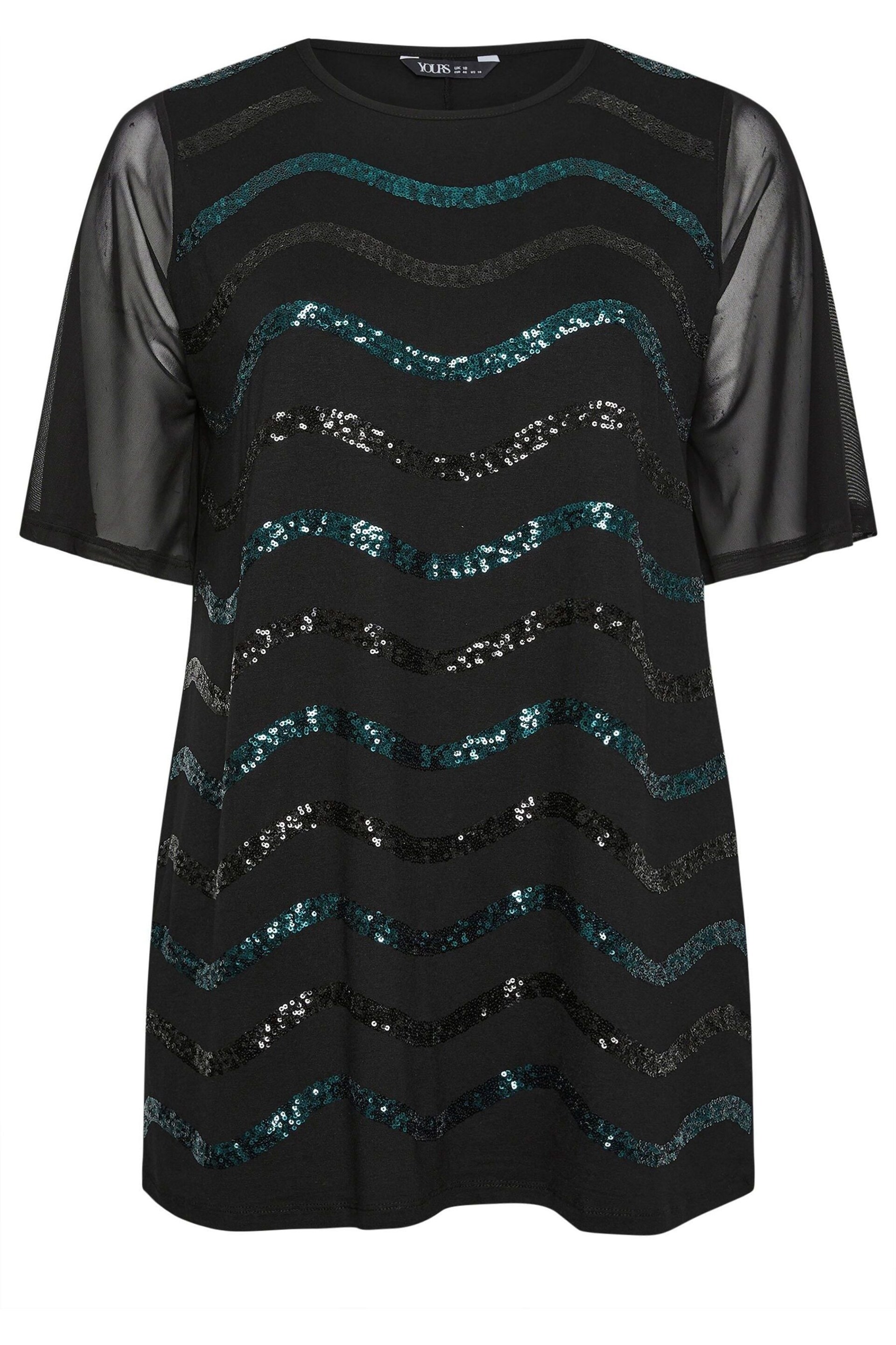 Yours Curve Black & Blue Sequin Embellished Mesh Sleeve Top - Image 5 of 5