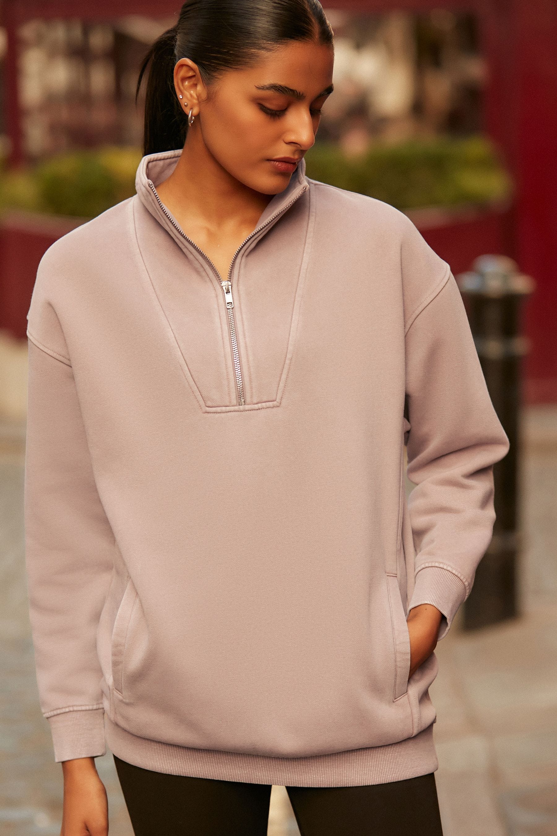 Pink Blush Relaxed Fit Washed Longline Zip Neck Sweatshirt