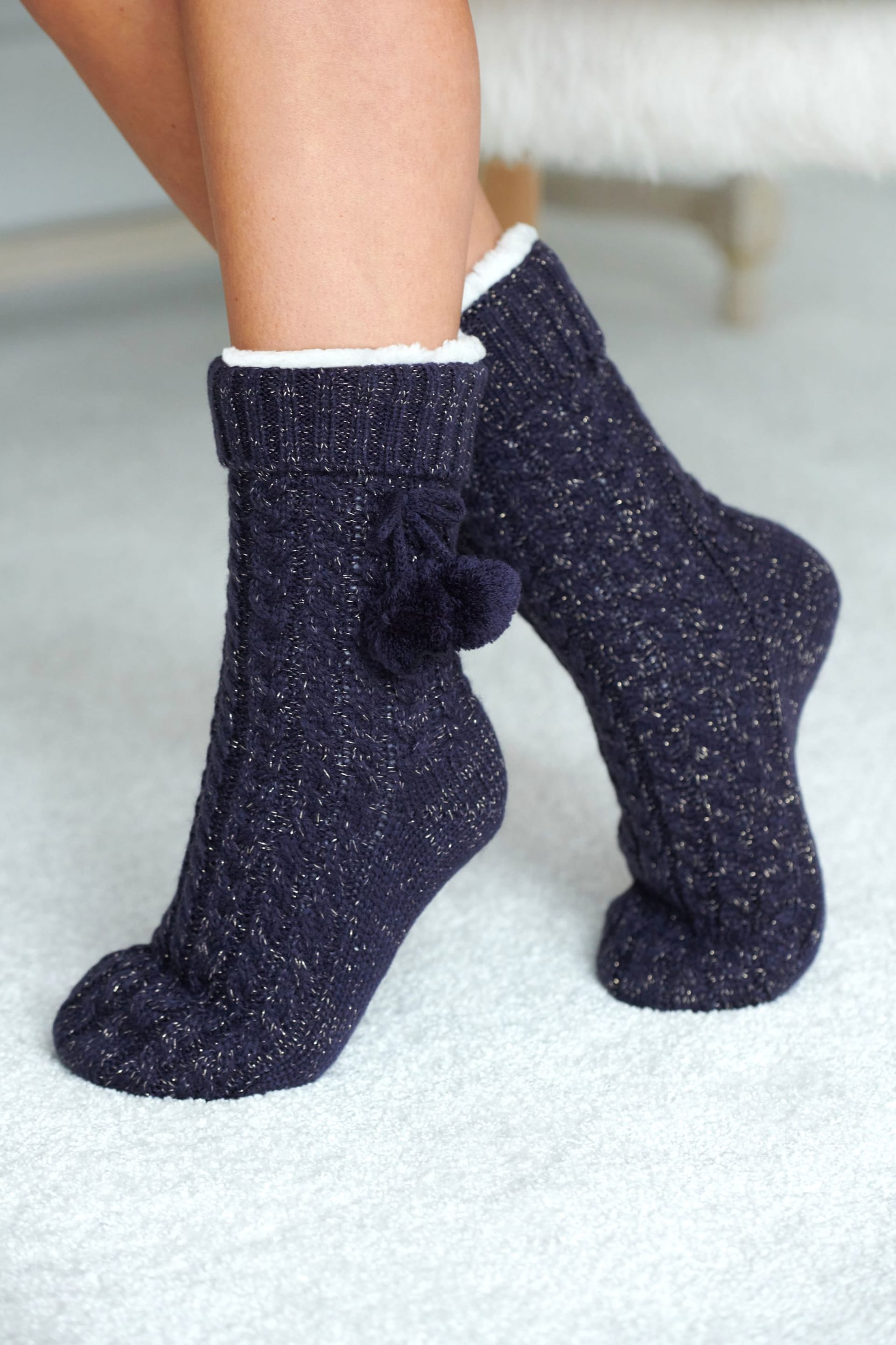 Pour Moi Navy Blue Cosy Cable Knit Socks - Image 1 of 4