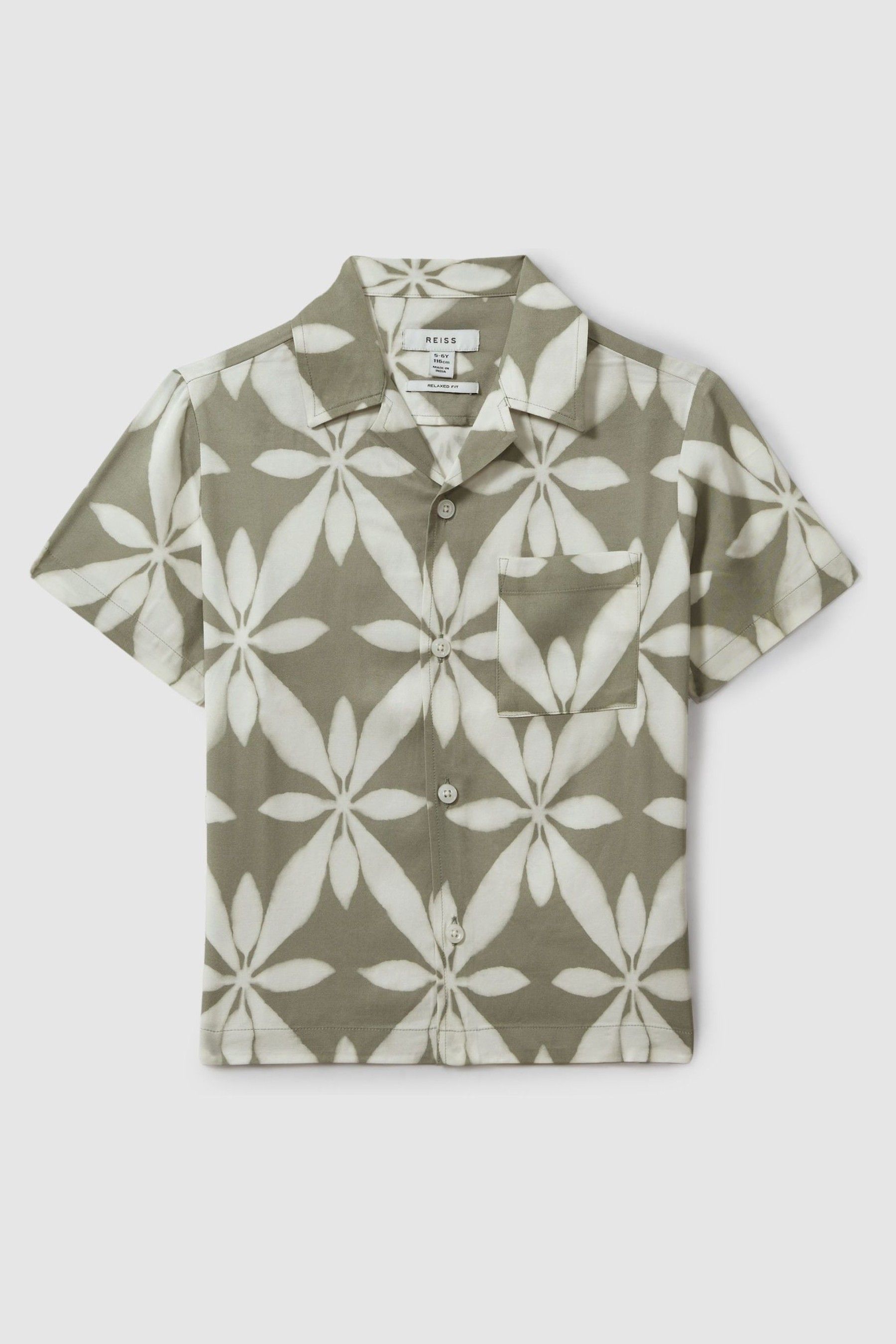 Reiss Sage Green Marabel Teen Relaxed Printed Cuban Collar Shirt - Image 1 of 5