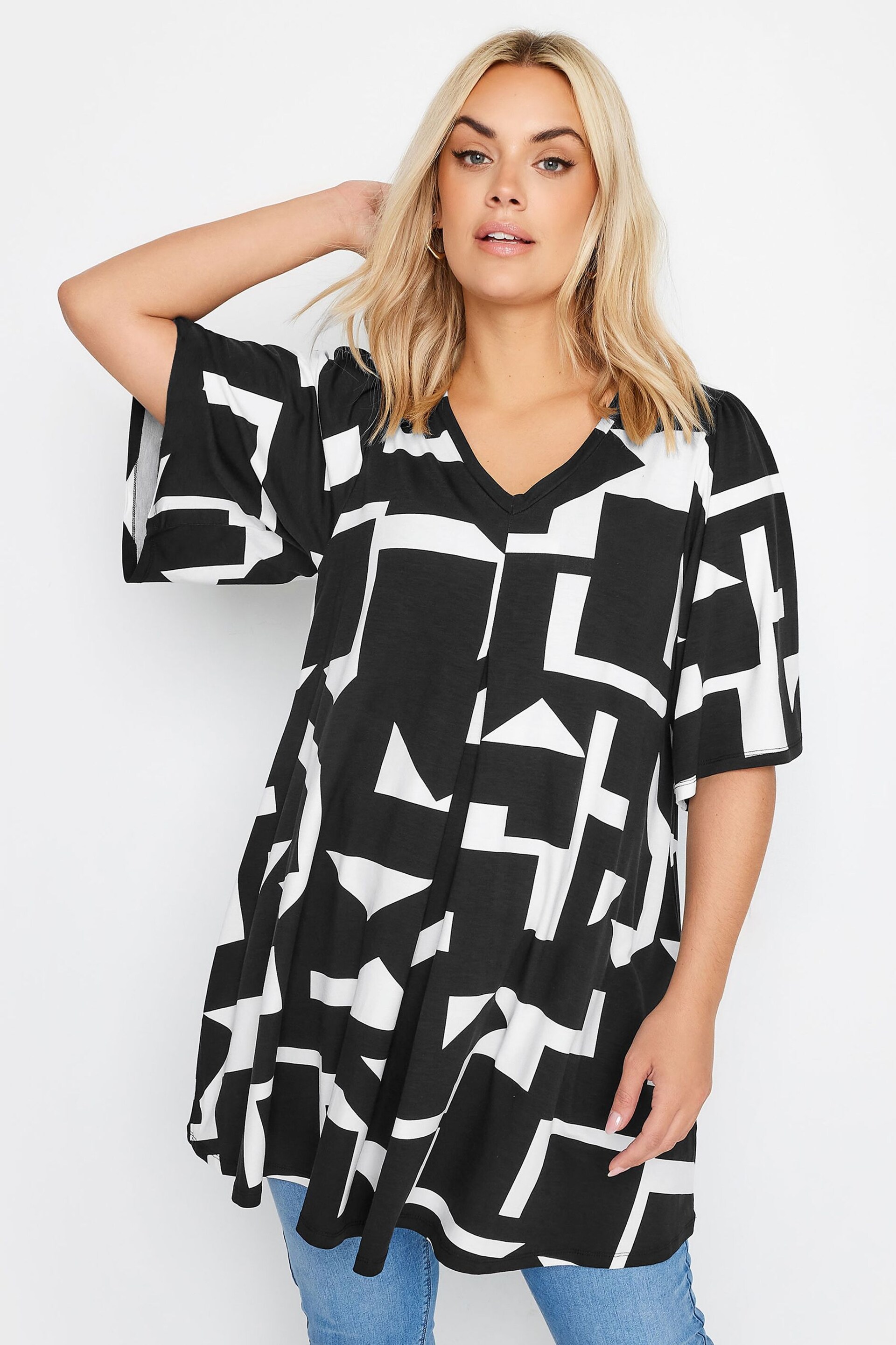 Yours Curve Black Abstract Print Angel Sleeve Top - Image 1 of 4