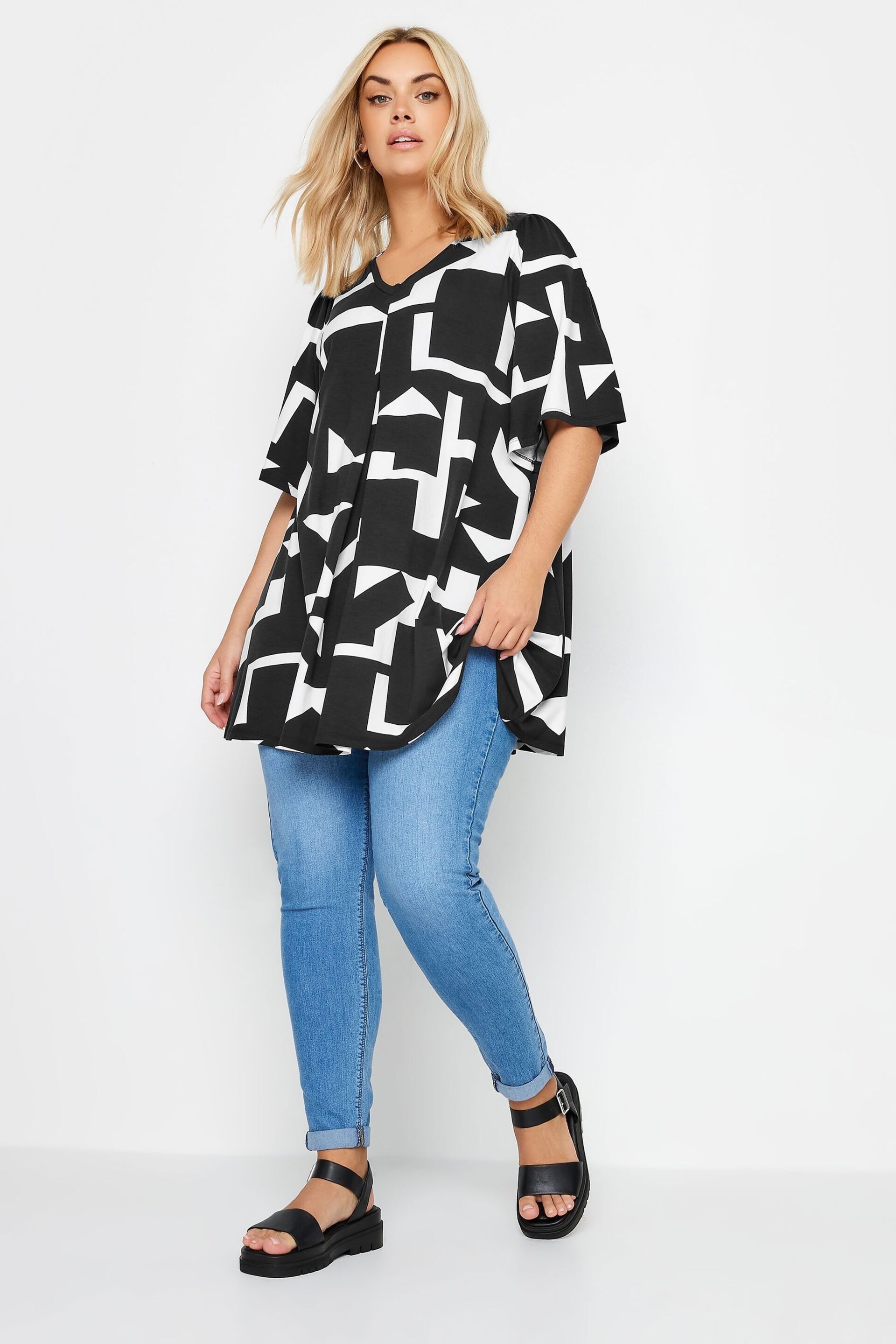 Yours Curve Black Abstract Print Angel Sleeve Top - Image 2 of 4