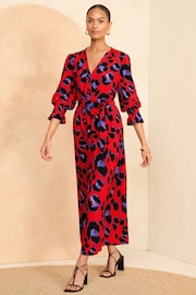 Love & Roses Red Animal Printed 3/4 Sleeve Belted Midi Dress - Image 1 of 4