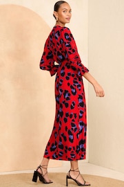 Love & Roses Red Animal Printed 3/4 Sleeve Belted Midi Dress - Image 2 of 4