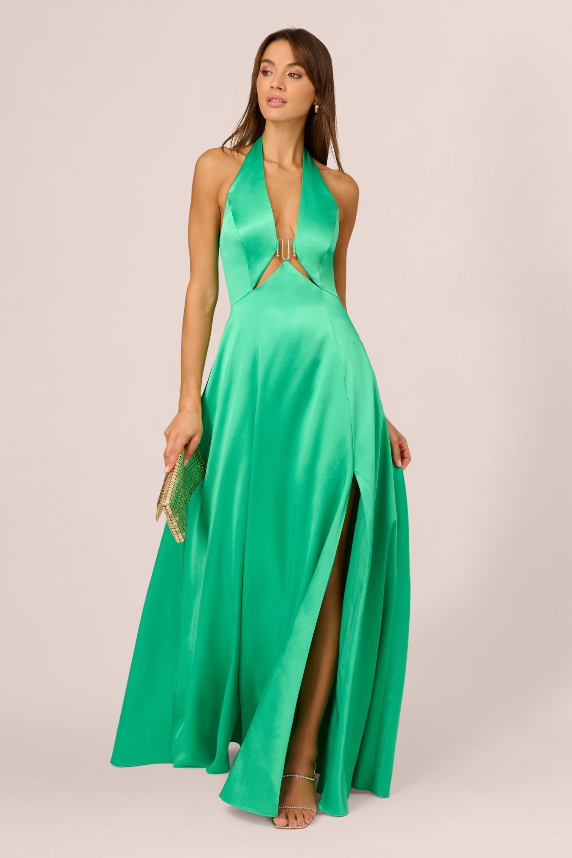 Adrianna Papell Green Liquid Satin A-Line Gown - Image 3 of 7