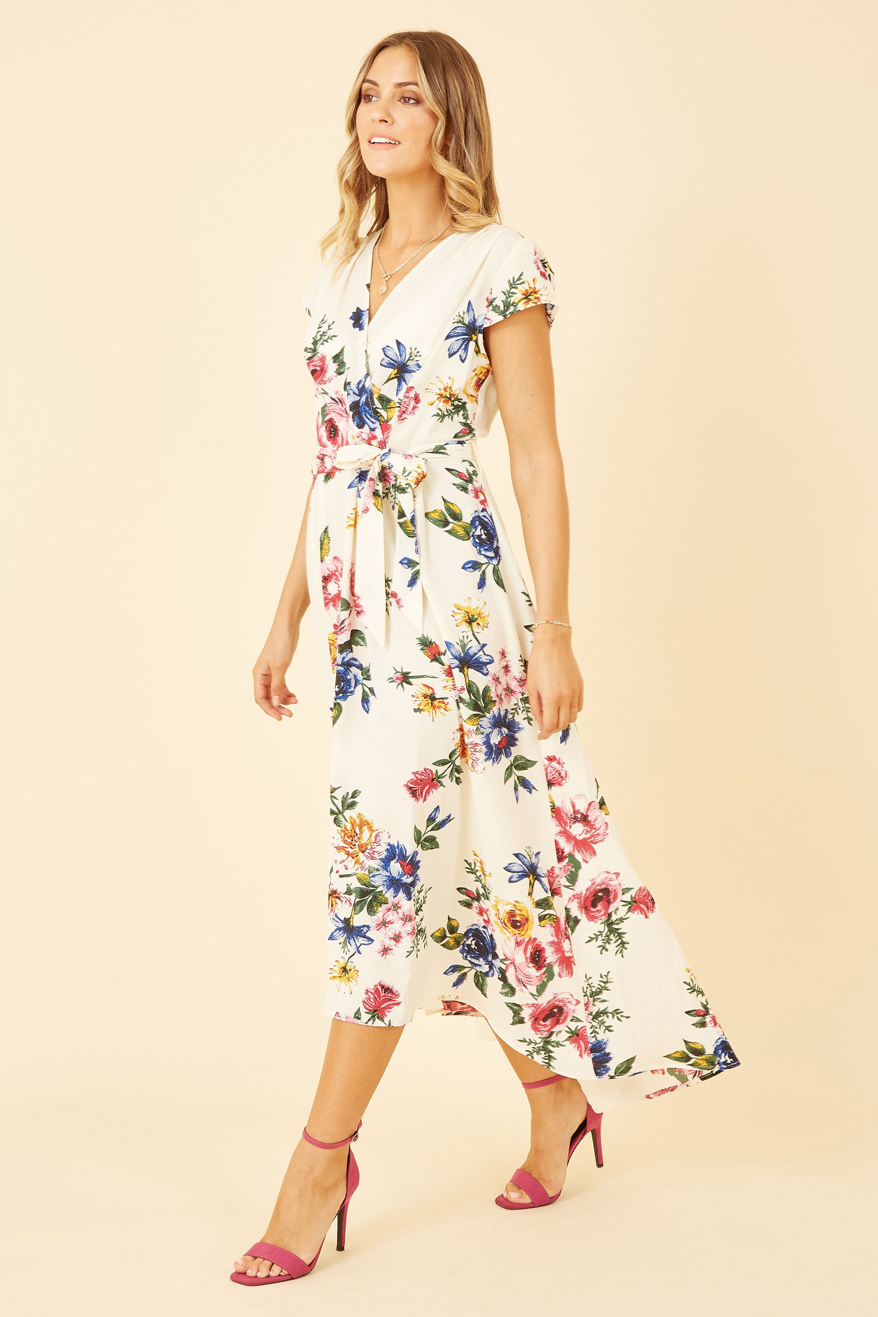 Mela Cream Wrap Dip Hem Dress