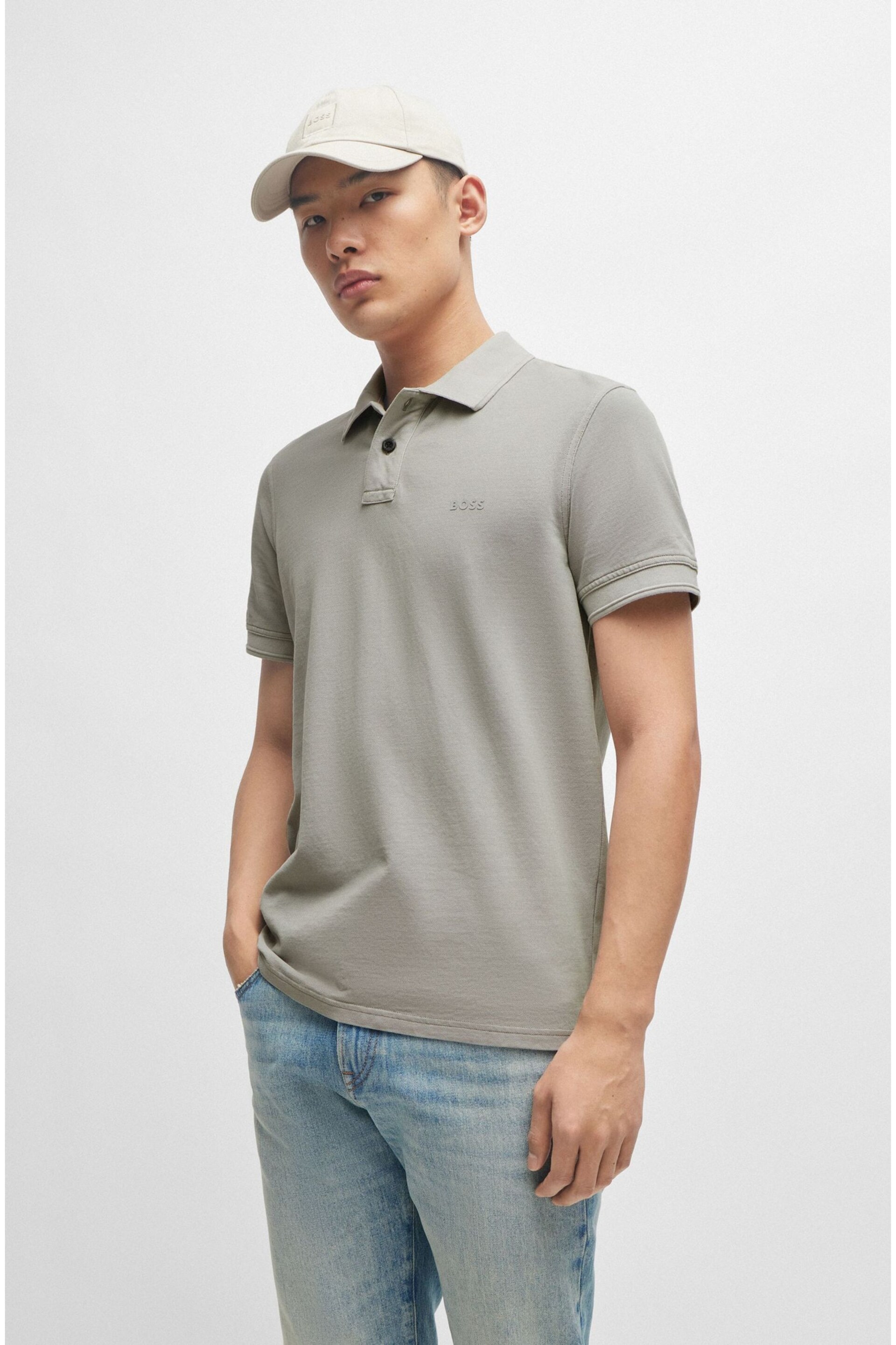 BOSS Grey Cotton Pique Polo Shirt - Image 1 of 5