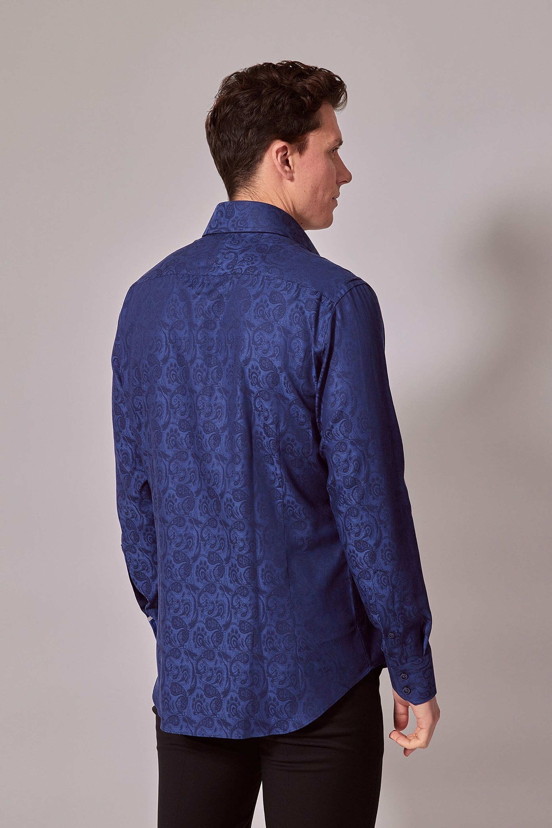 Hawes & Curtis Slim Blue Paisley Jacquard Mid Collar Shirt - Image 2 of 4