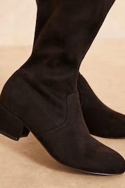 Friends Like These Black Wide Fit Low Block Heel Knee Stretch Faux Suede Boots - Image 3 of 4