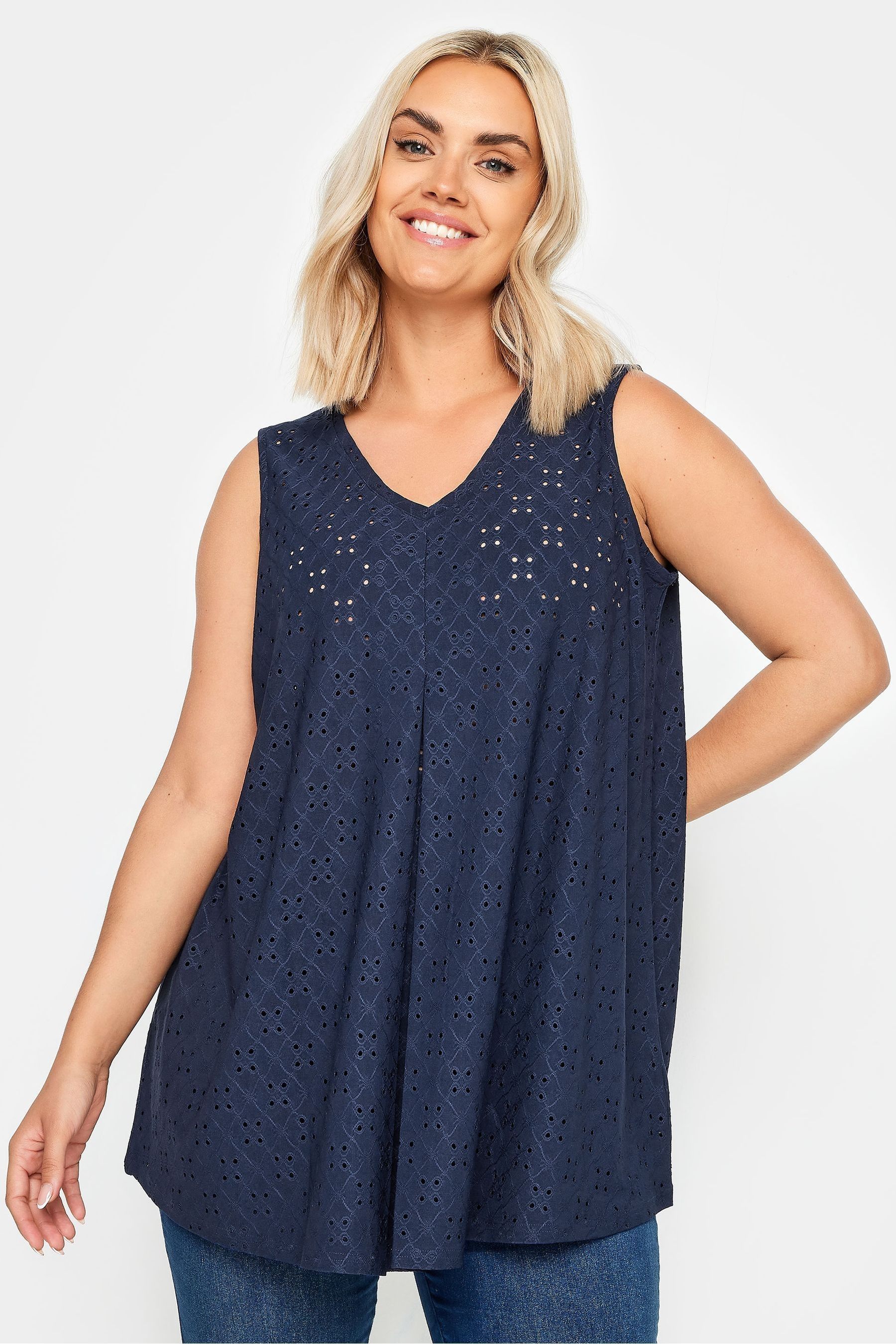 Buy Yours Curve Blue Broderie Pleated Swing Vest from the Next UK online shop