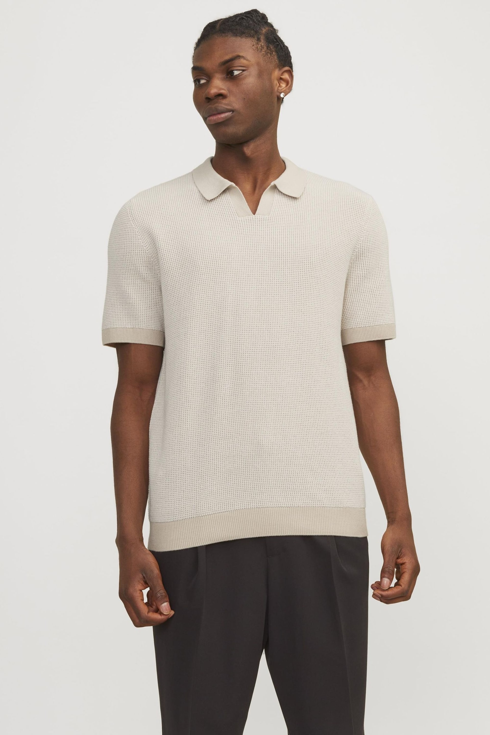 JACK & JONES Cream Trophy Collar Knitted Short Sleeve Polo Shirt - Image 1 of 6