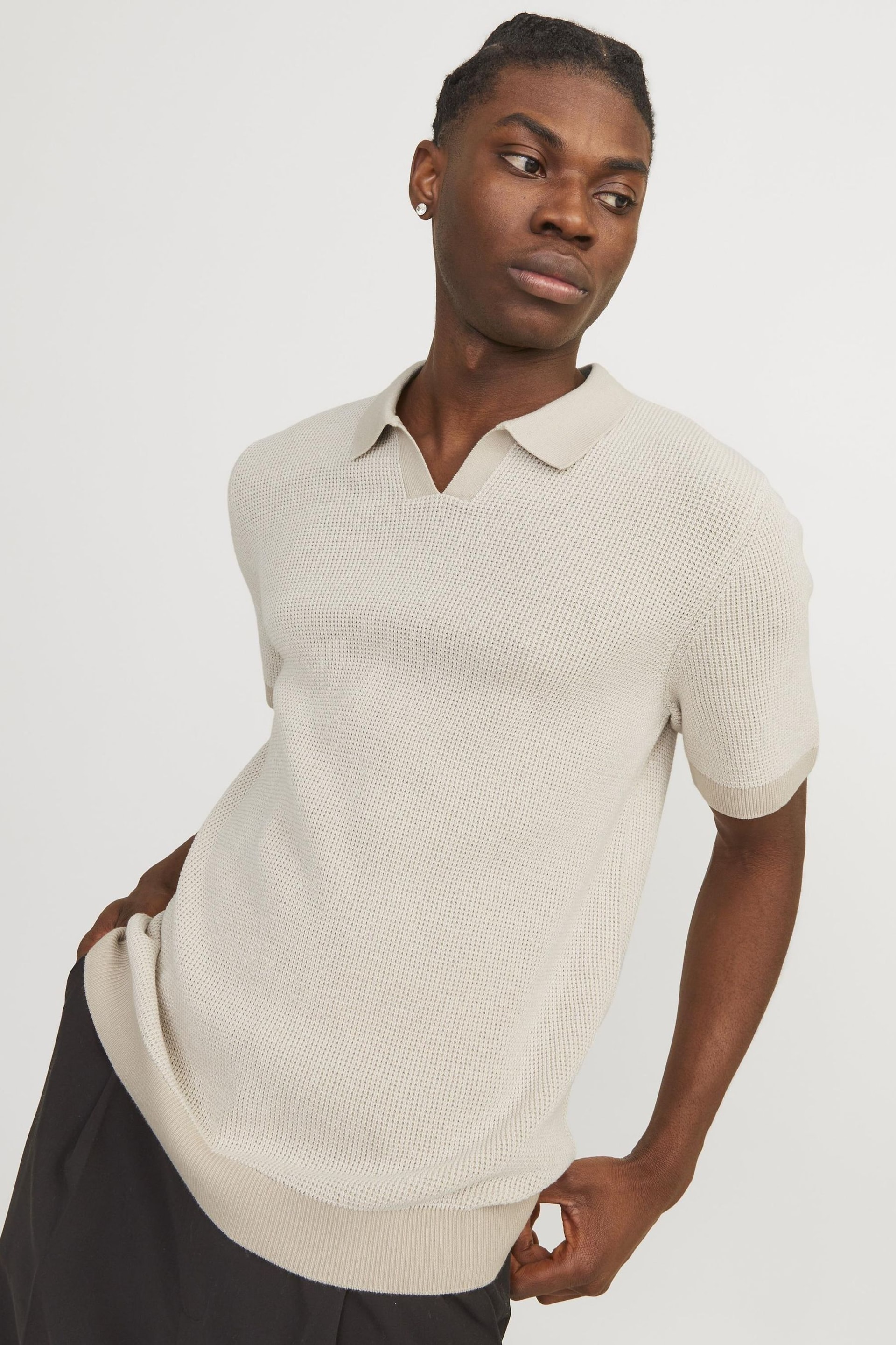 JACK & JONES Cream Trophy Collar Knitted Short Sleeve Polo Shirt - Image 3 of 6