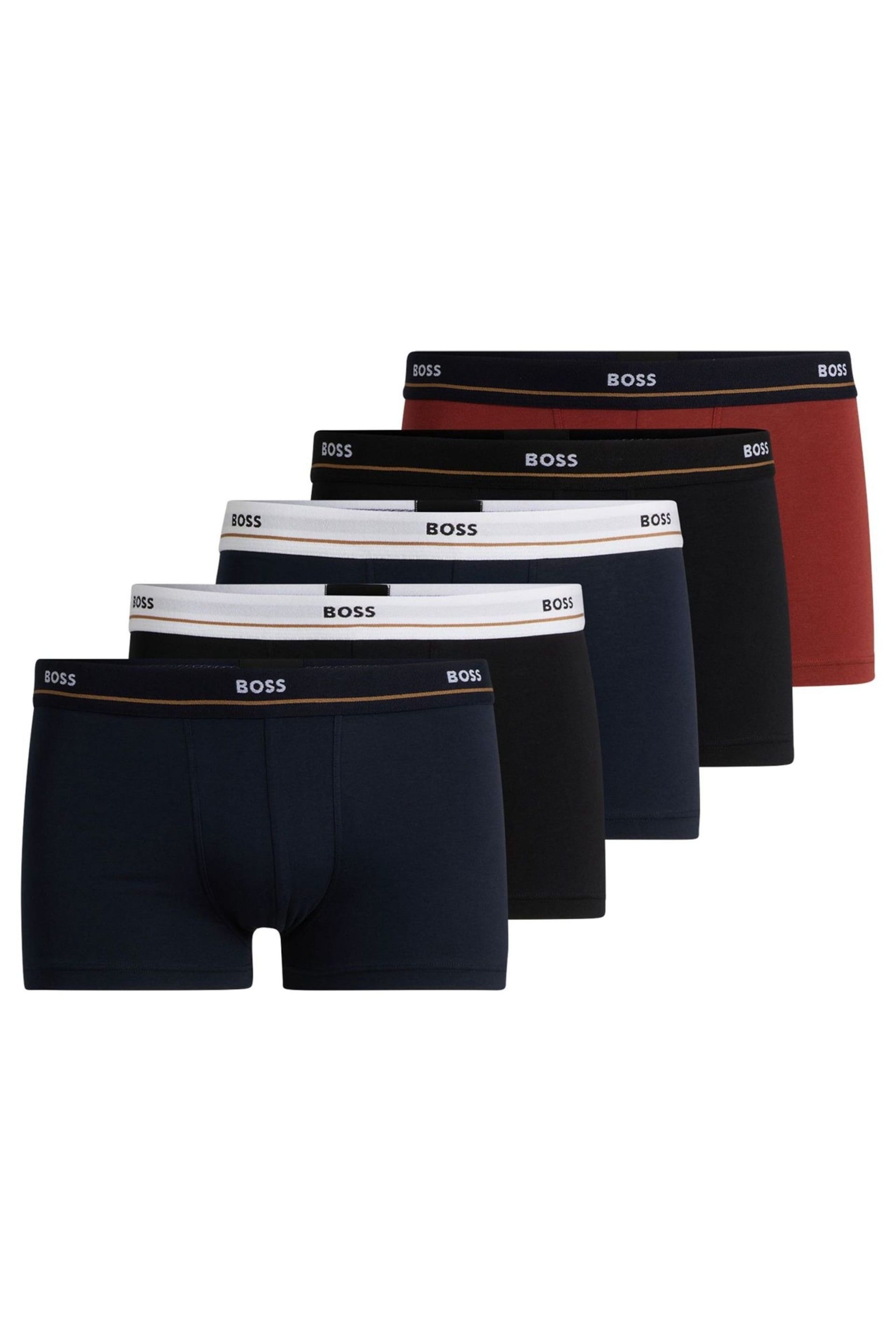 BOSS Blue Dark Stretch Cotton Logo Waistband 5-Pack Boxer Trunks - Image 1 of 7