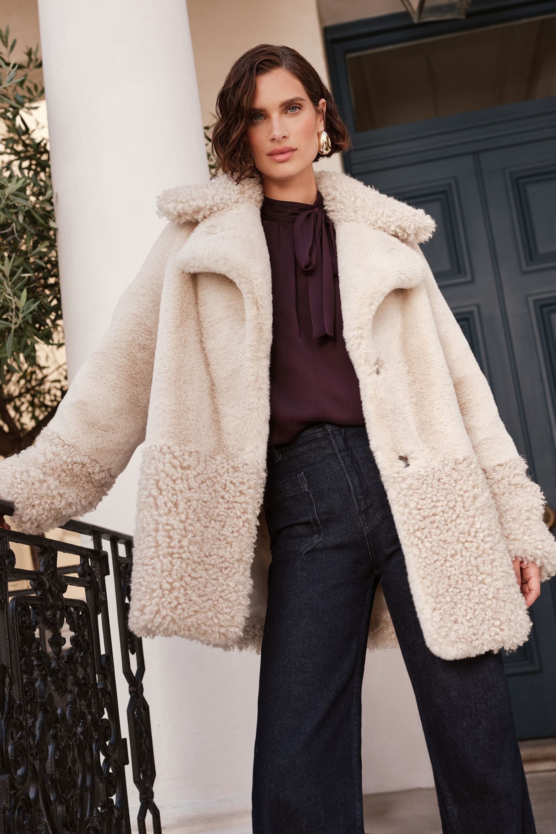 Love Roses Faux Fur Shearling Mix Coat