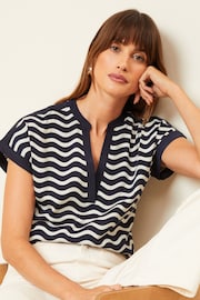 Love & Roses Blue Wave Stripe Jersey V Neck Woven Trim Short Sleeve T-Shirt - Image 1 of 4