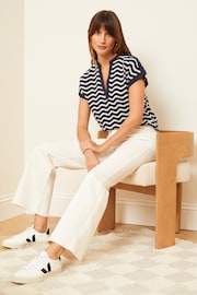 Love & Roses Blue Wave Stripe Jersey V Neck Woven Trim Shortss Sleeve T-Shirt - Image 4 of 4