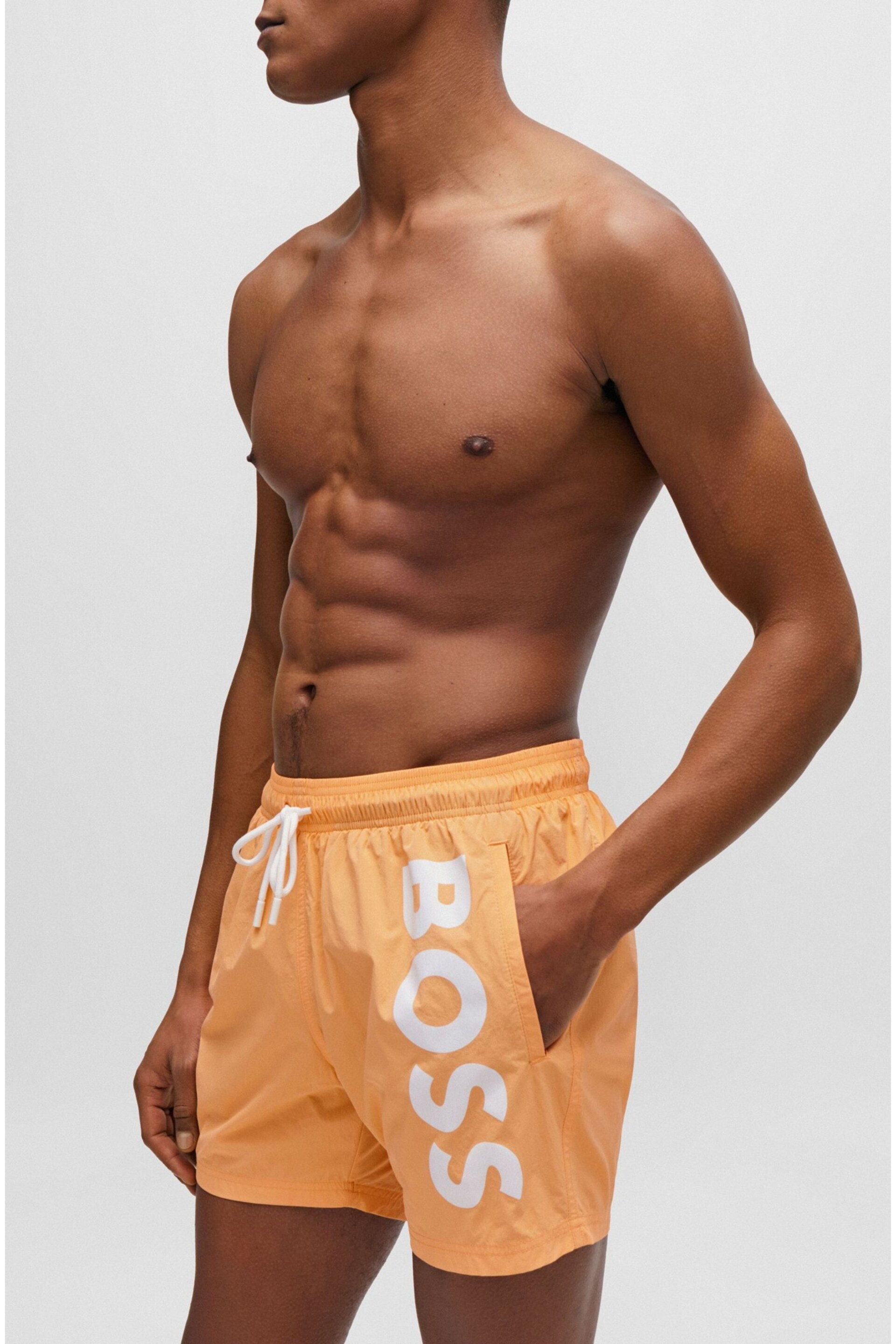 BOSS Orange Vertical-Logo-Print Swim Shorts In Quick-Dry Poplin - Image 1 of 4