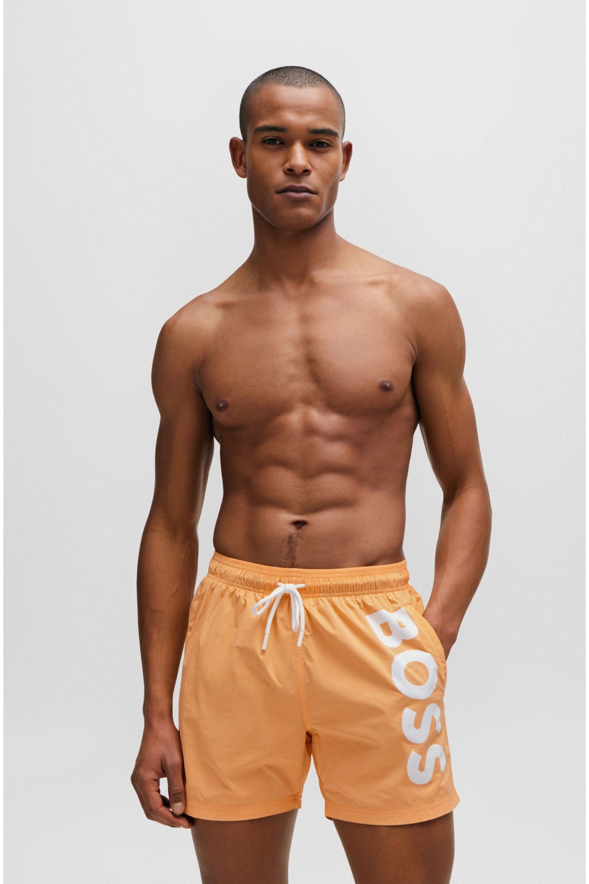 BOSS Orange Vertical-Logo-Print Swim Shorts In Quick-Dry Poplin - Image 2 of 4