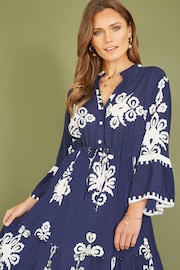 Yumi Blue Viscose Midi Dress With Long Sleeves - Image 2 of 5