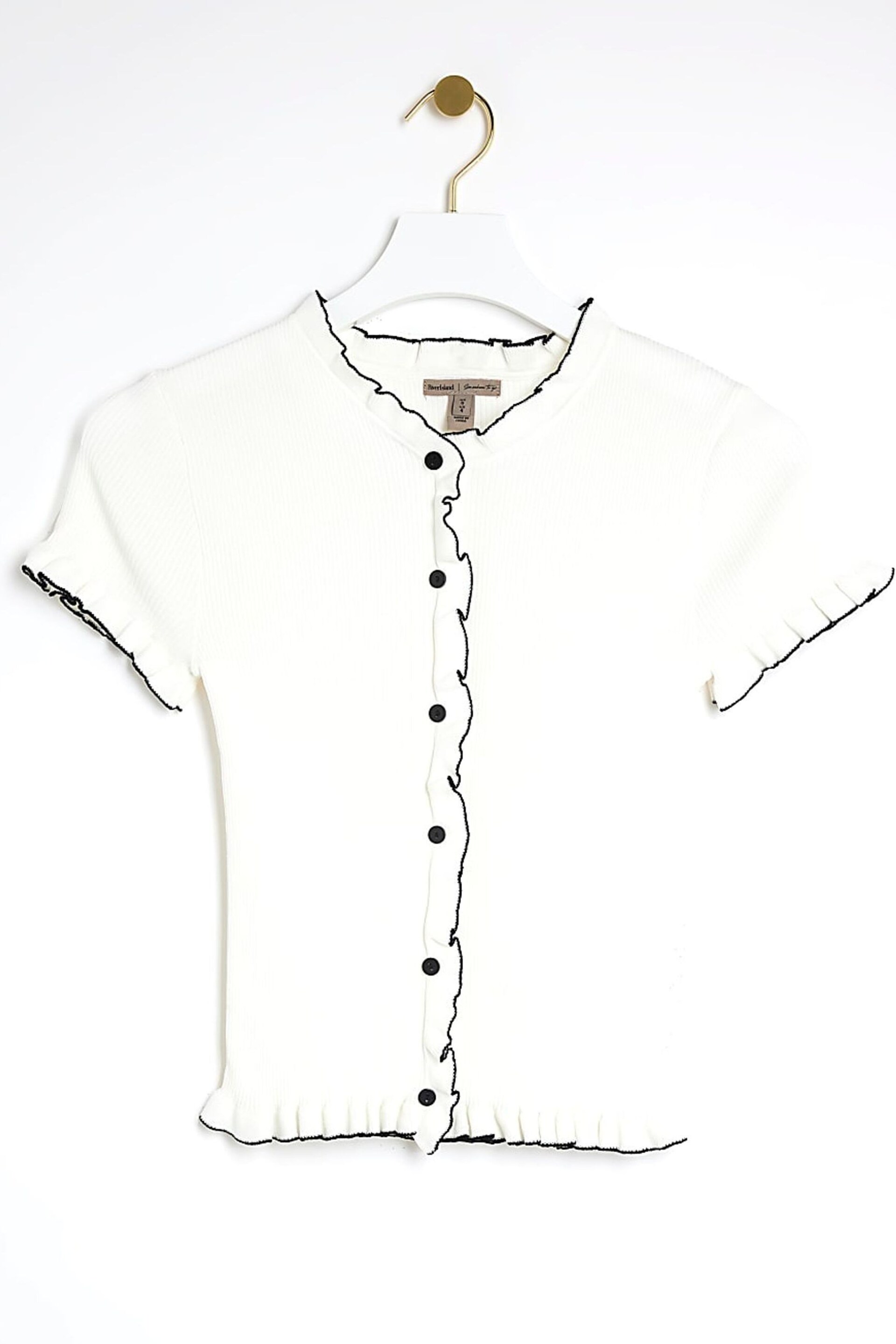 River Island Cream Frill Button Front Knitted T-Shirt - Image 5 of 6