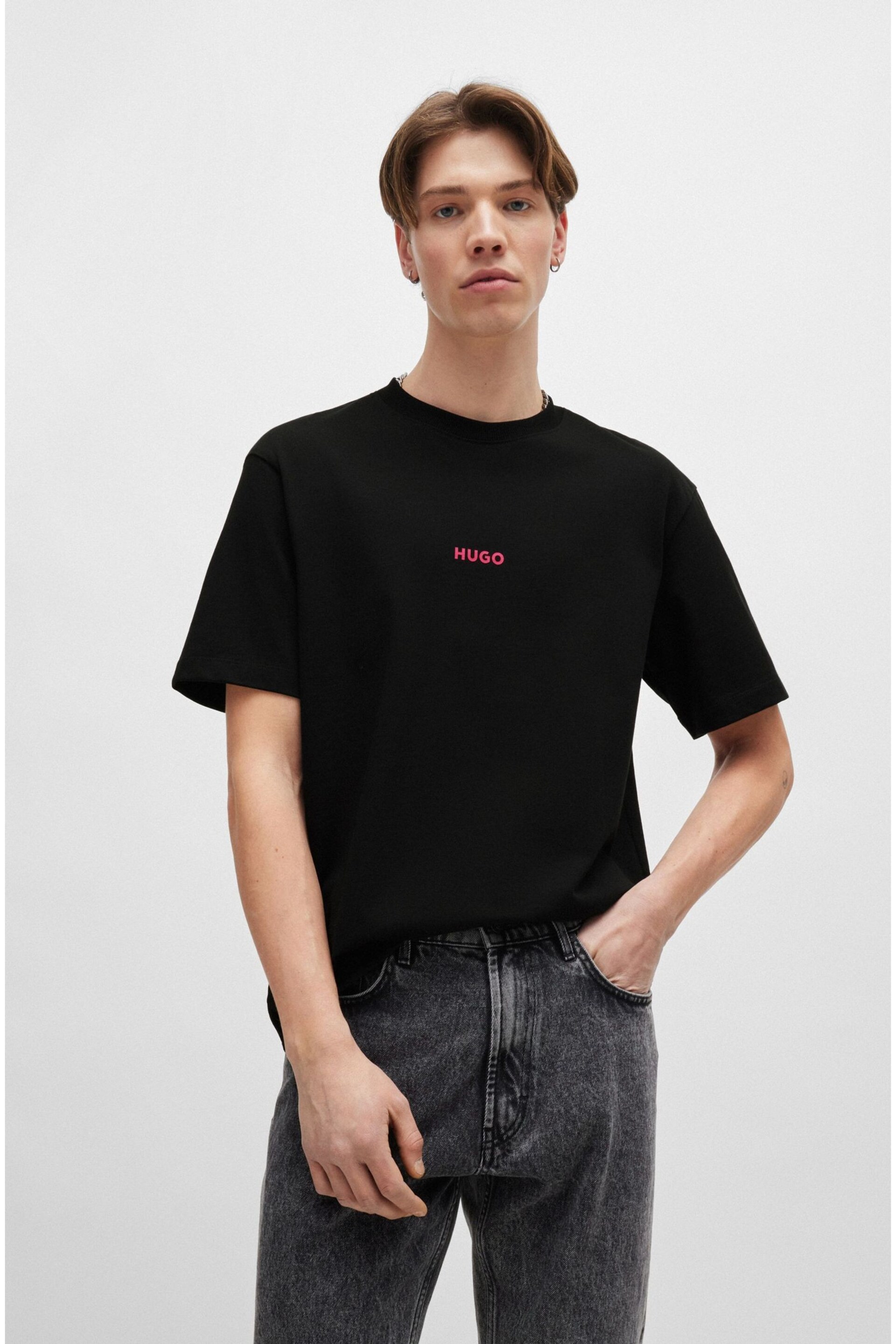HUGO Black Cotton Jersey T-Shirt With Back Artwork Print - Image 1 of 5