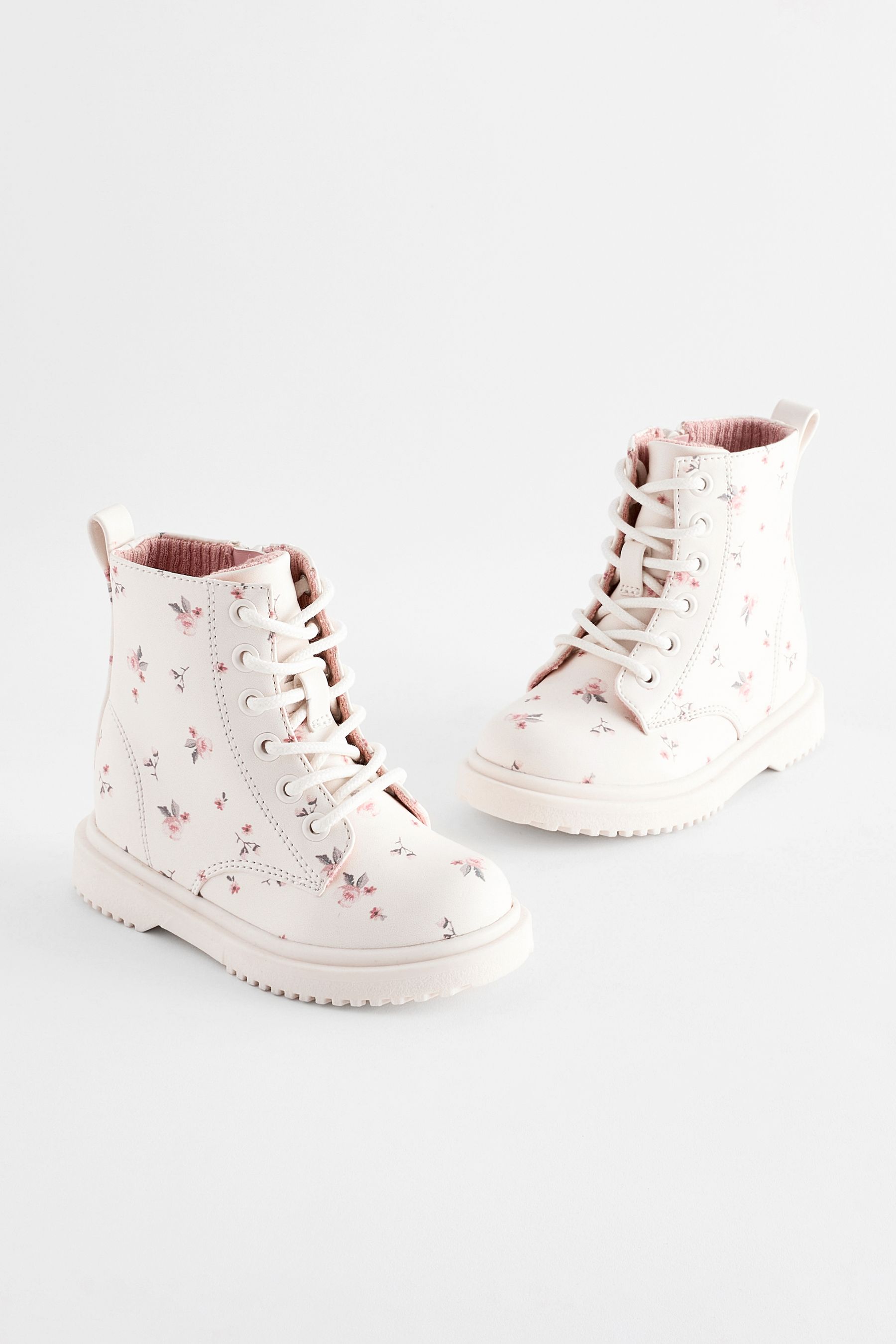 Neutral White Wide Fit G Floral Lace Up Ankle Boots