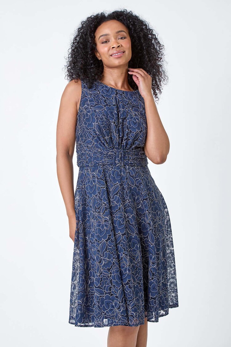 Roman Blue Lace Shimmer Belted Midi Dress - Image 1 of 5