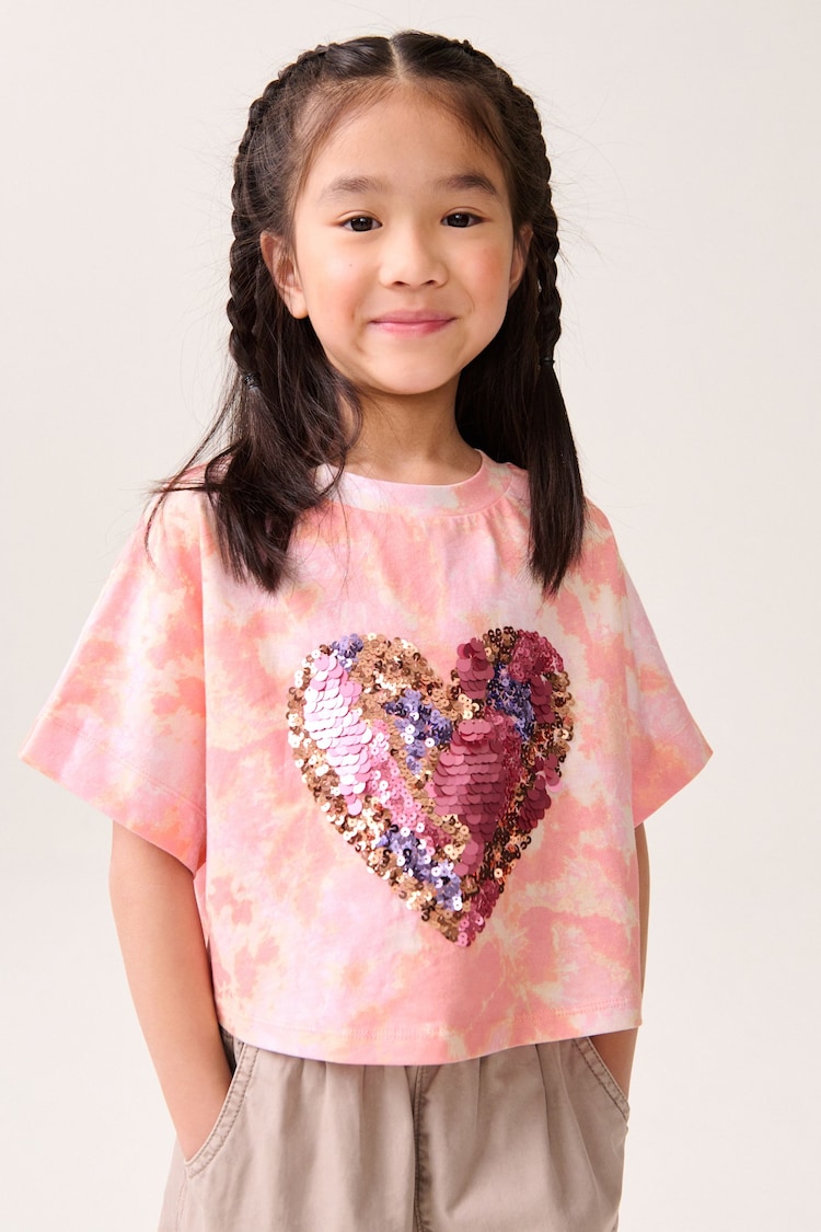 Pink Tie Dye 100% Cotton Sequin Heart T-Shirt (3-16yrs) - Image 2 of 6