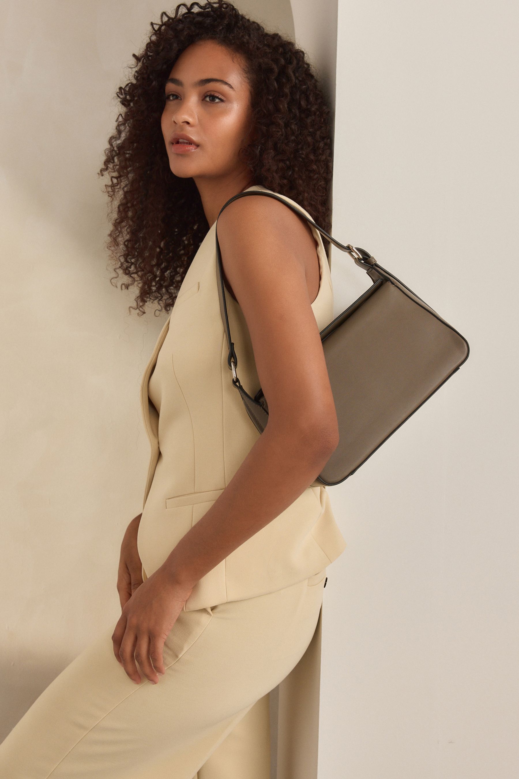 Khaki Green Structured Shoulder Bag