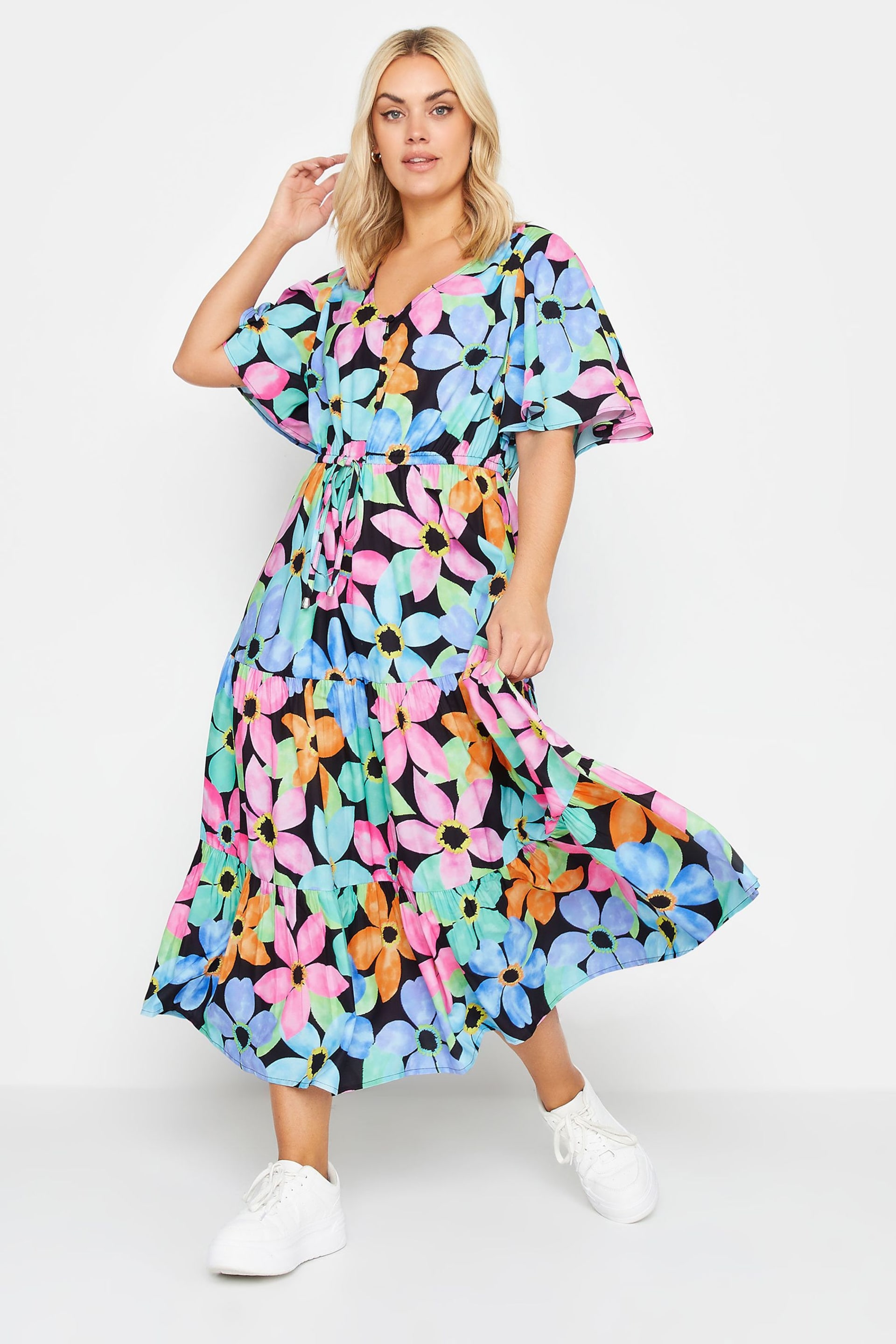 Yours Curve Pink YOURS Curve Black Floral Angel Sleeve Maxi Dress - Image 1 of 4
