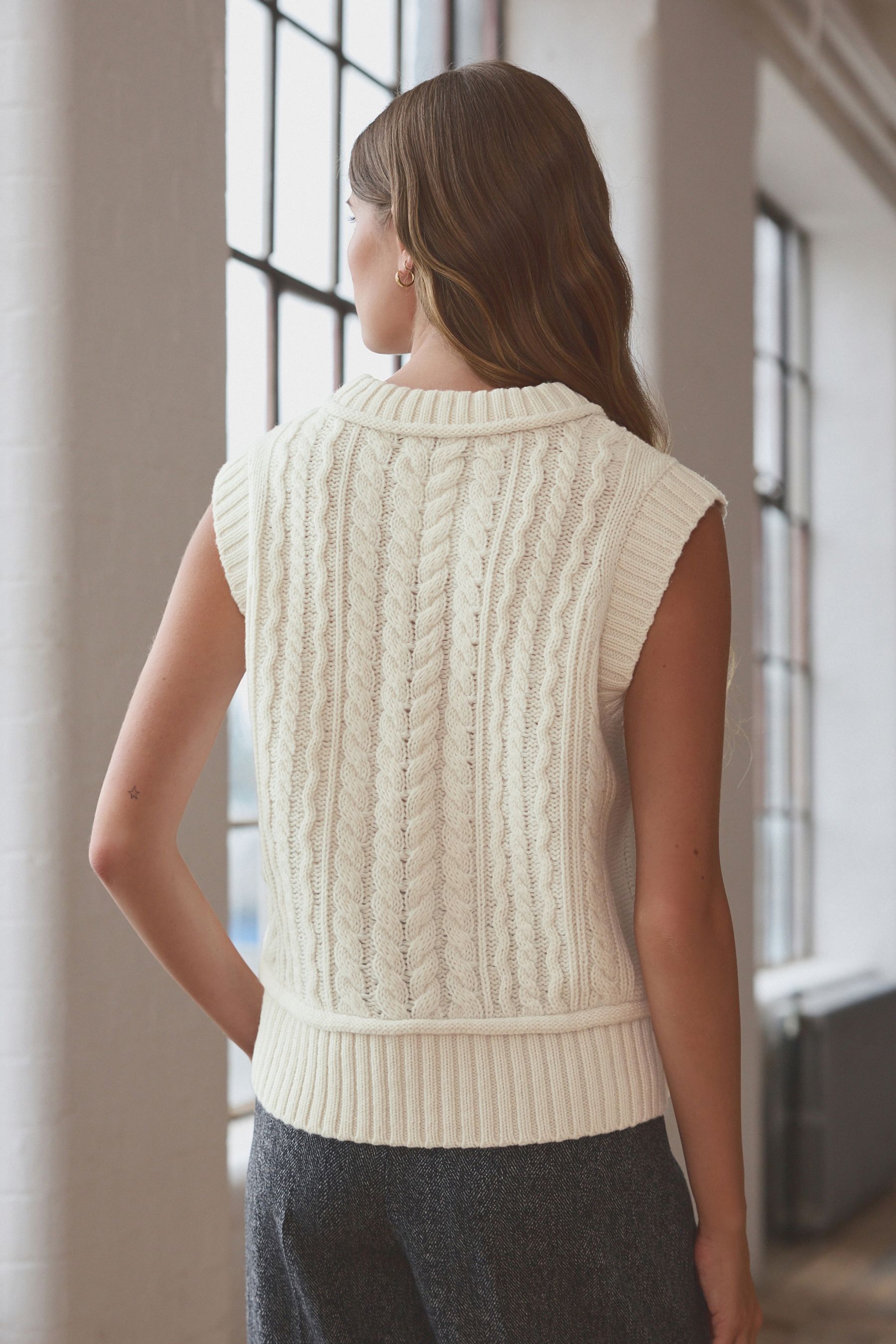 Buy White Ecru 100 Lambswool Premium Sleeveless Cable Knitted Jumper Tank Vest Top from Next Netherlands