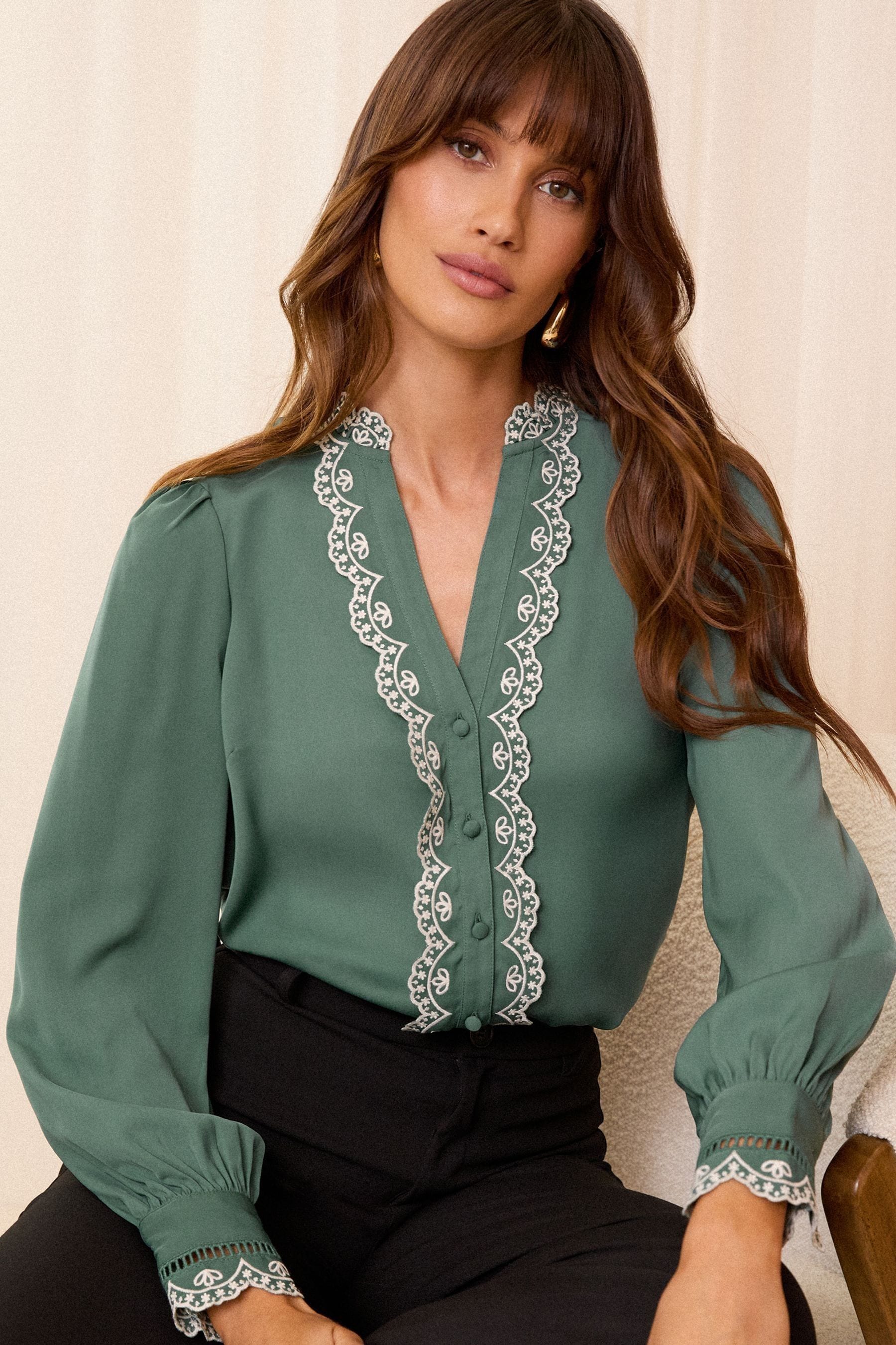 Love Roses Green Satin Broderie Ruffle Long Sleeve Blouse