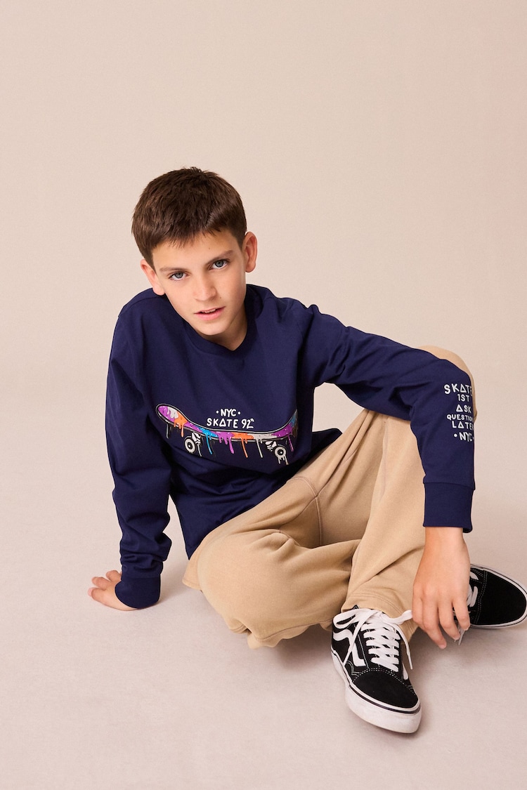 Navy Blue Skateboard Long Sleeve Graphic 100% Cotton T-Shirt (3-16yrs) - Image 2 of 2