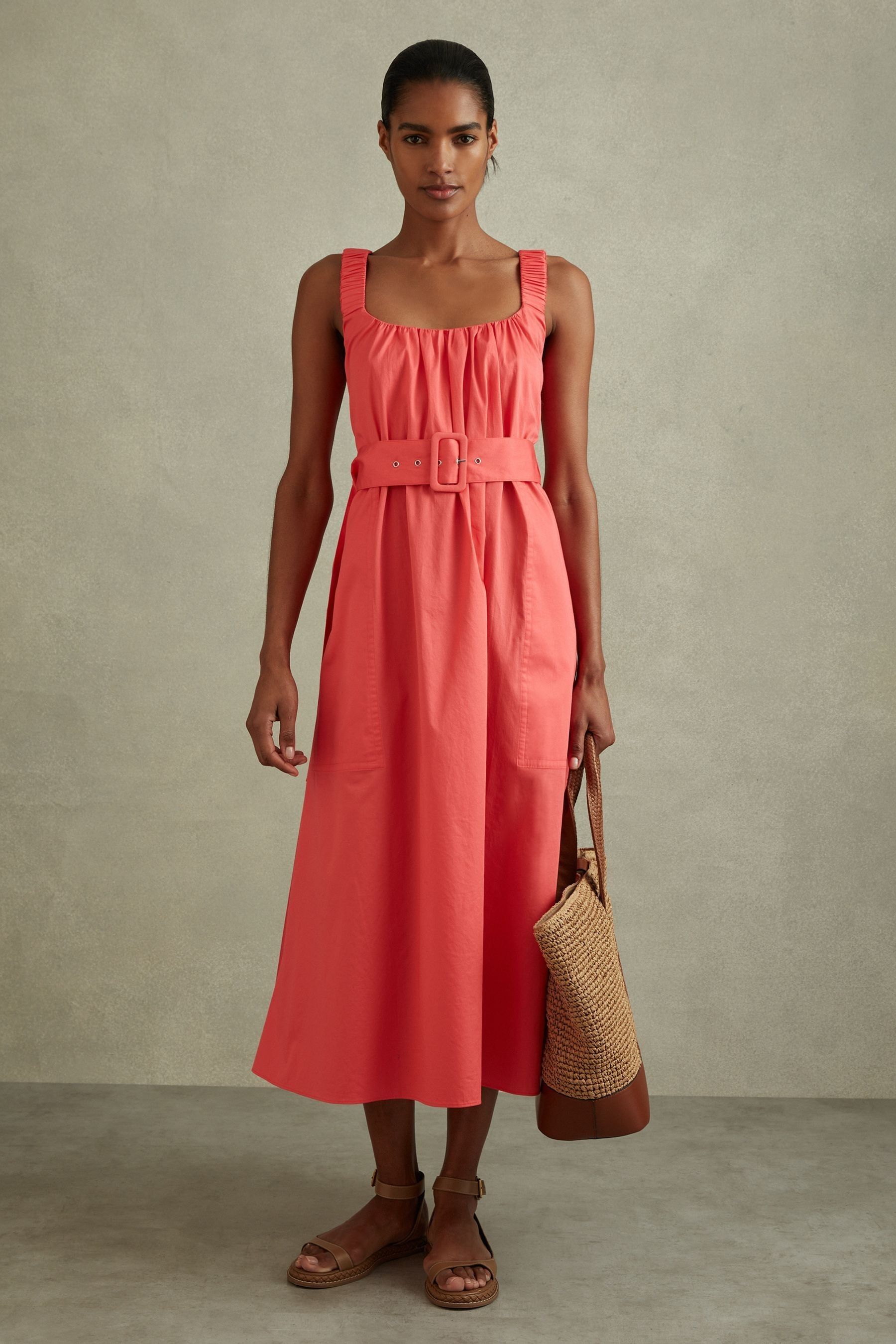 Buy Reiss Coral Liza Cotton Ruched Strap Belted Midi Dress from the Next UK online shop