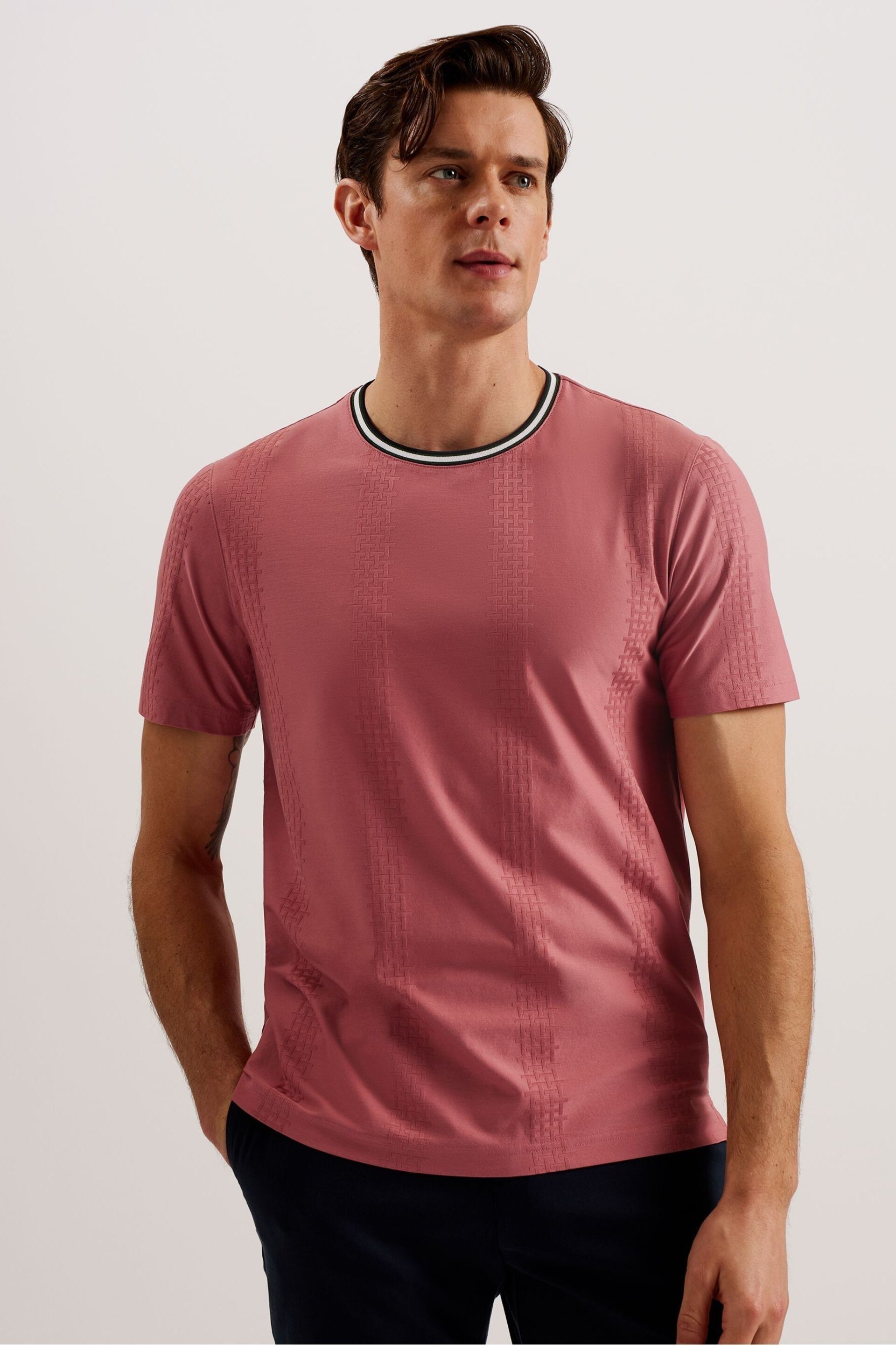 Ted Baker Pink Slim Fit Rousel Jacquard T-Shirt - Image 1 of 6