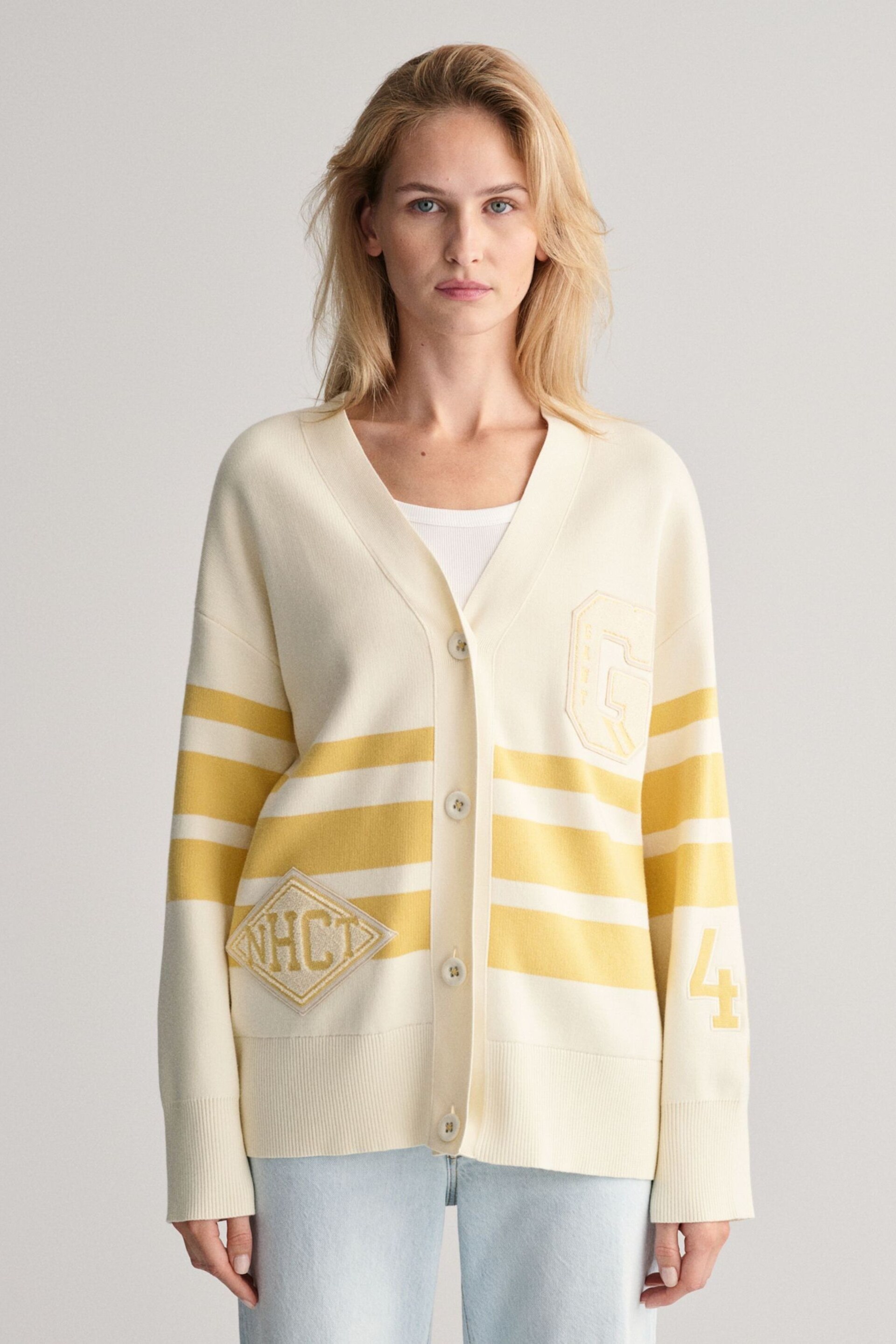 GANT Cream Varsity V-Neck Cardigan - Image 1 of 7