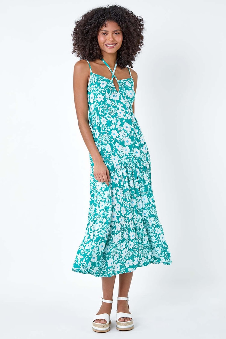 Dusk Blue Floral Strappy Cross Over Midi Dress - Image 1 of 5