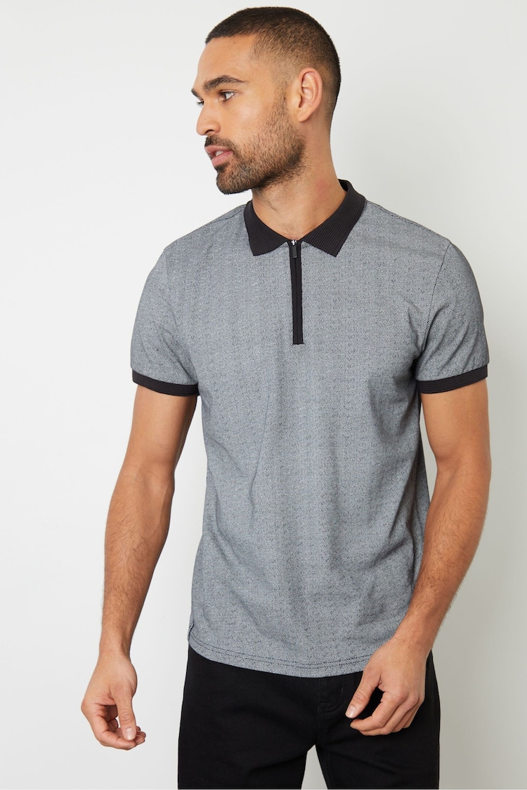 Threadbare Geometric Print Zip Collar 100% Cotton Jersey Polo Shirt - Imagen 1 de 4