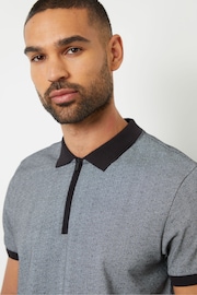 Threadbare Black Geometric Print Zip Collar Cotton Jersey Polo Shirt - Image 4 of 4