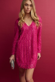 Bright Pink Long Sleeve V-Neck Fringe Sequin Mini Dress - Image 1 of 8