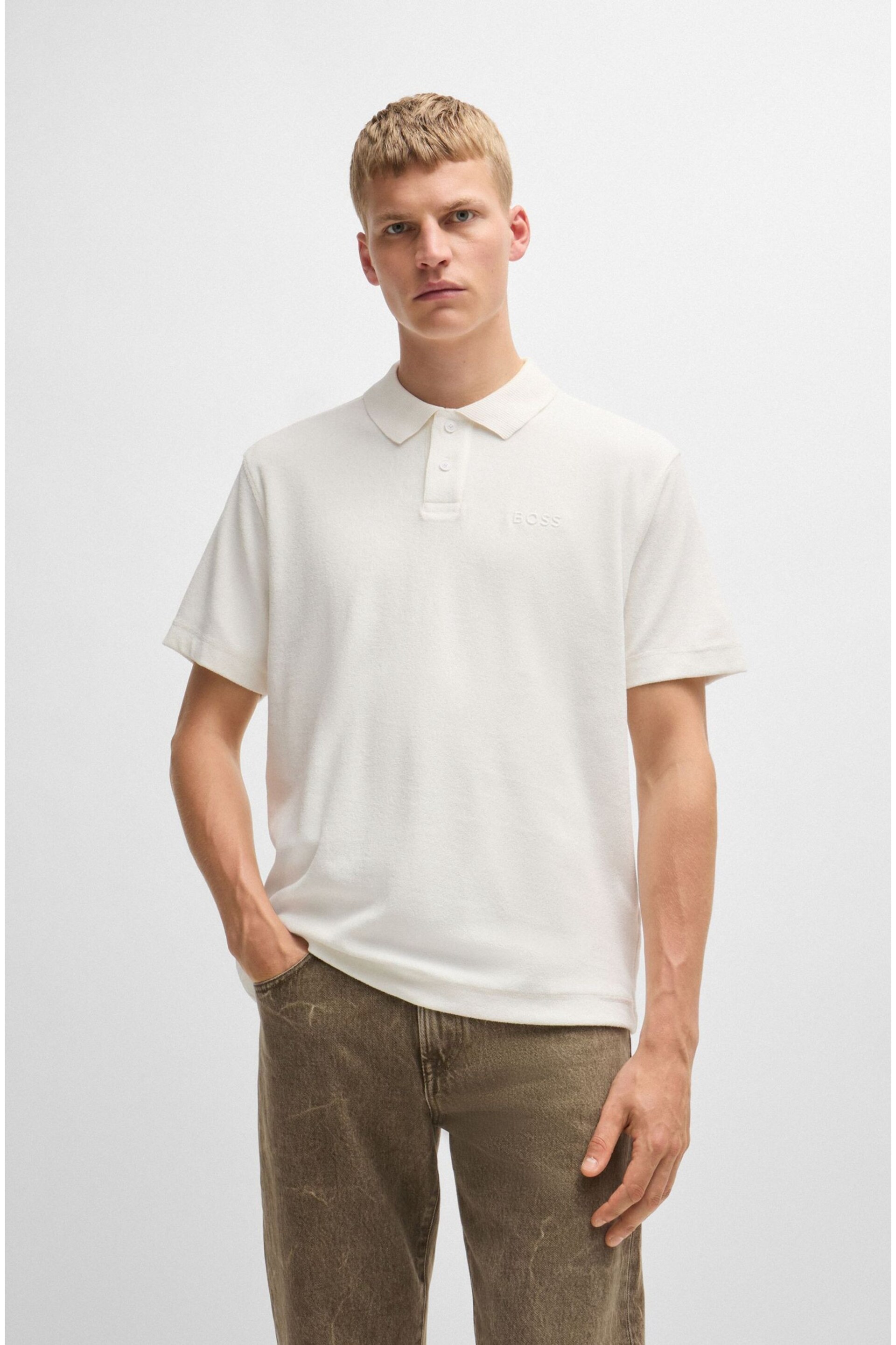 BOSS White Cotton-Towelling Polo Shirt With Mixed-Technique Logo - Image 1 of 1