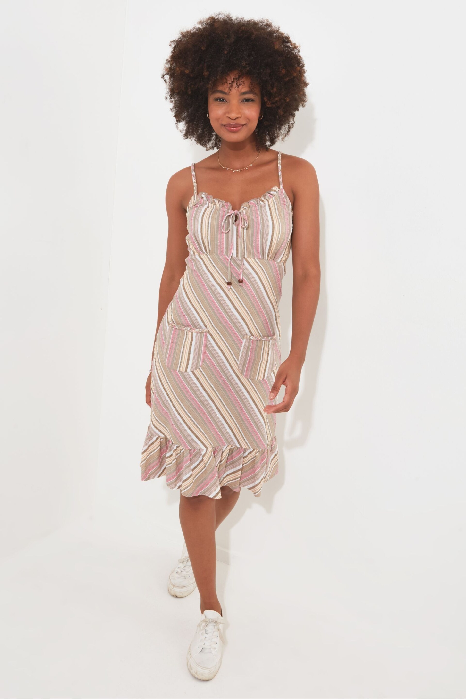 Joe Browns Pink Candy Stripe Seersucker Sundress with Frill Detail - Image 1 of 4