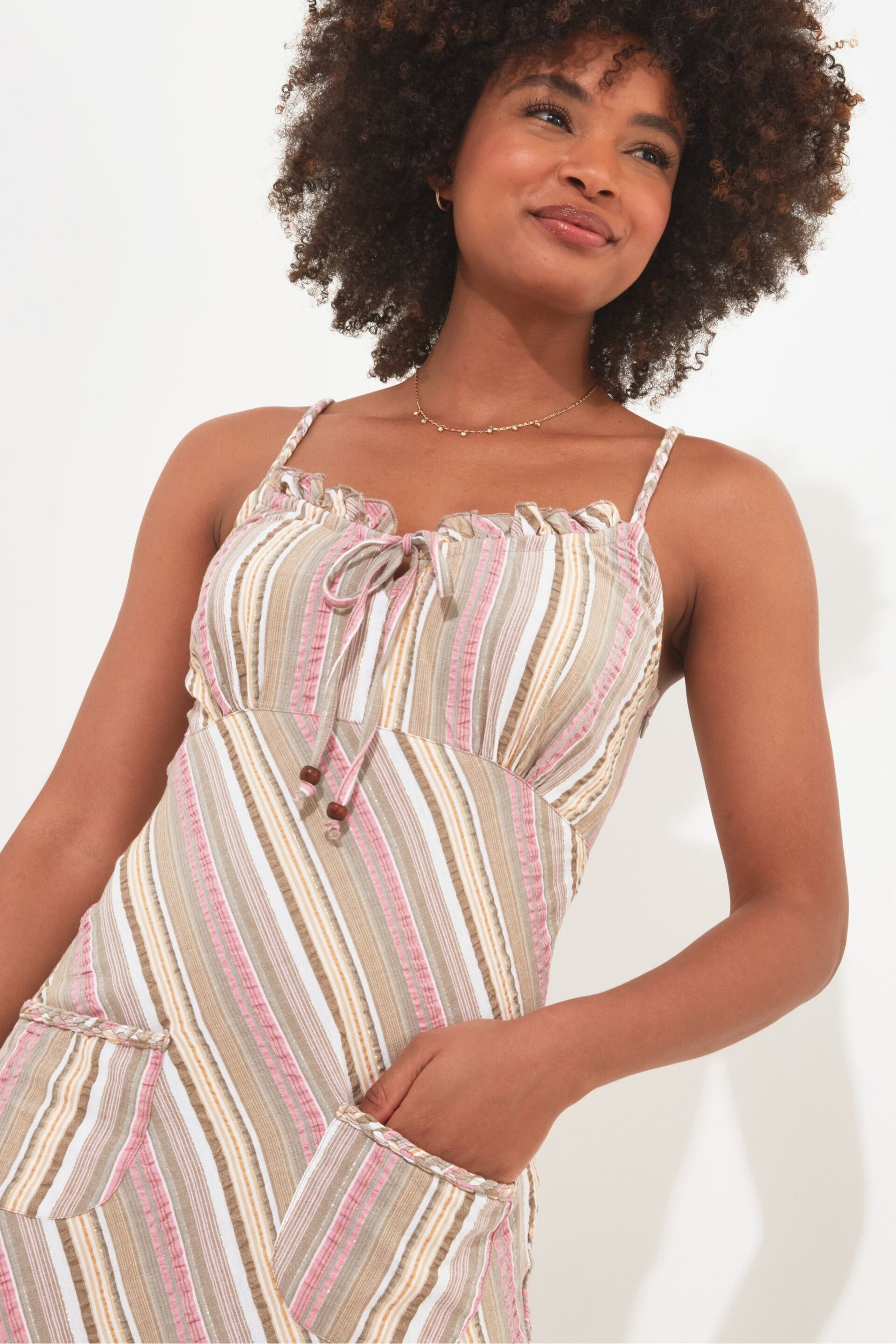 Joe Browns Pink Candy Stripe Seersucker Sundress with Frill Detail - Image 2 of 4